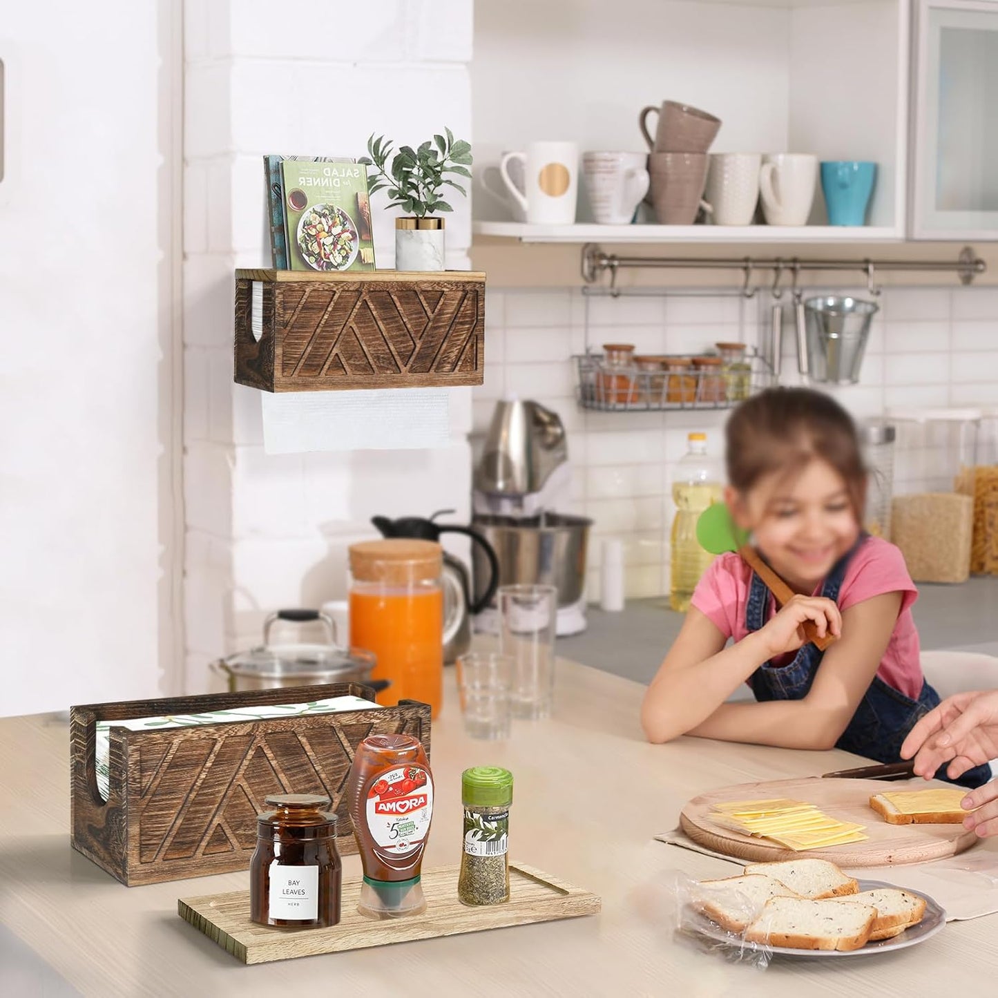 Set of 2 Paper Towel Dispenser Wall Mount, Paper Towel Holder Wall Mounted with Lid, Solid Wood Commercial C-Fold, Z-Fold, Trifold Hand Paper Towel Holder Hand Towel Holder for Bathroom Kitchen Decor