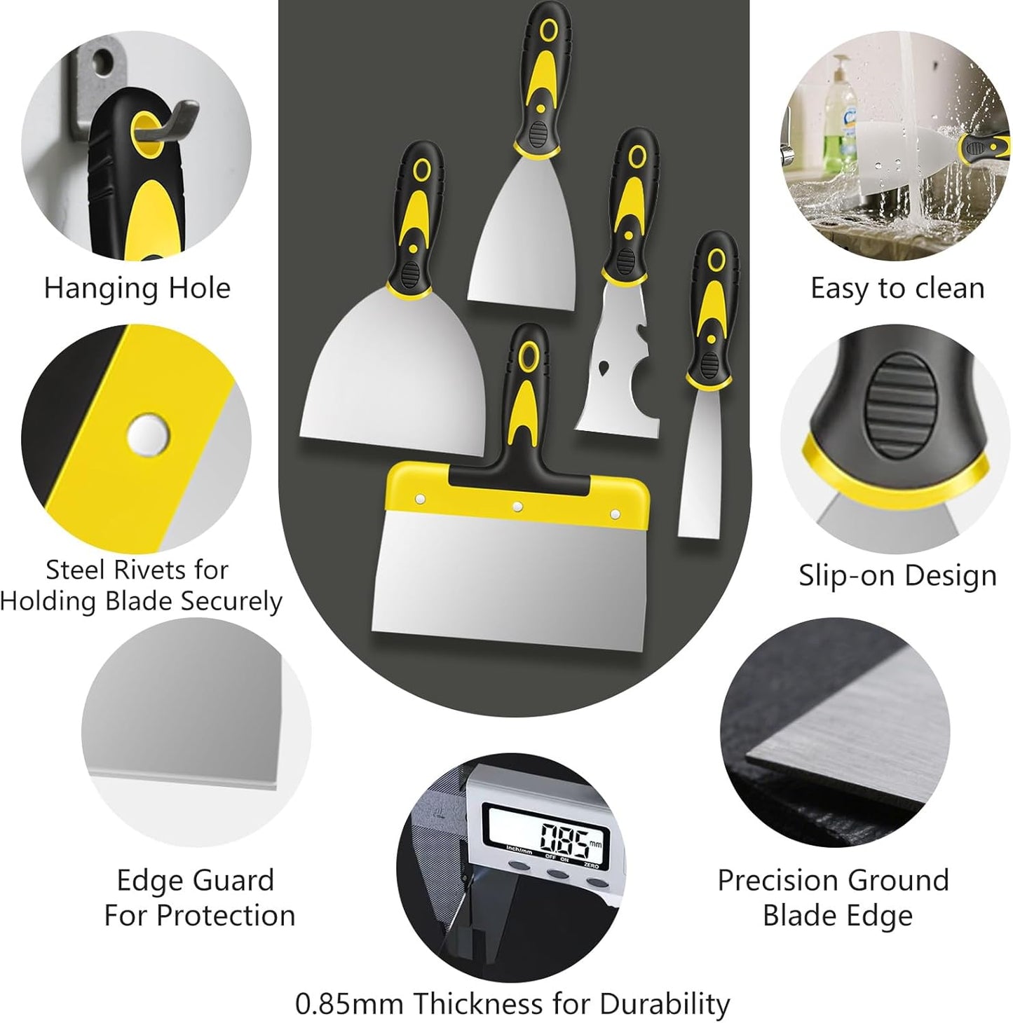 Spackle Knife Set, 5 PCS Stainless Steel Putty Knife Set Include 4 Paint Scrapers and 1 Multi Scraper Tool, Paint Scraper Tool for Drywall Decals (1.5" 3" 4" 6" 10")