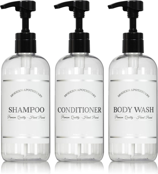 Clear Refillable Shampoo and Conditioner Bottles - Body Wash, Shampoo and Conditioner Dispenser - PET Plastic Shampoo Bottles Refillable with Pump - Waterproof Labels - 16 oz, 3 Pack