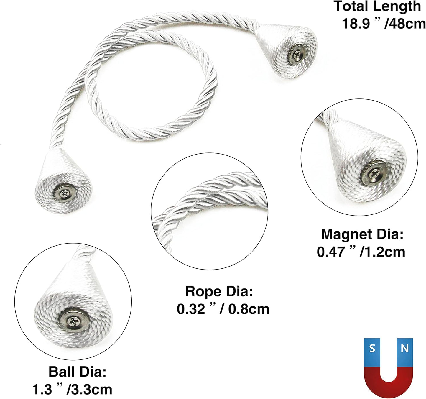 6 Pack Magnetic Curtain Tiebacks Rope Modern Handmade Curtain Tie Backs Decorative Drapes Weave Holdbacks for Window Décor, Silver