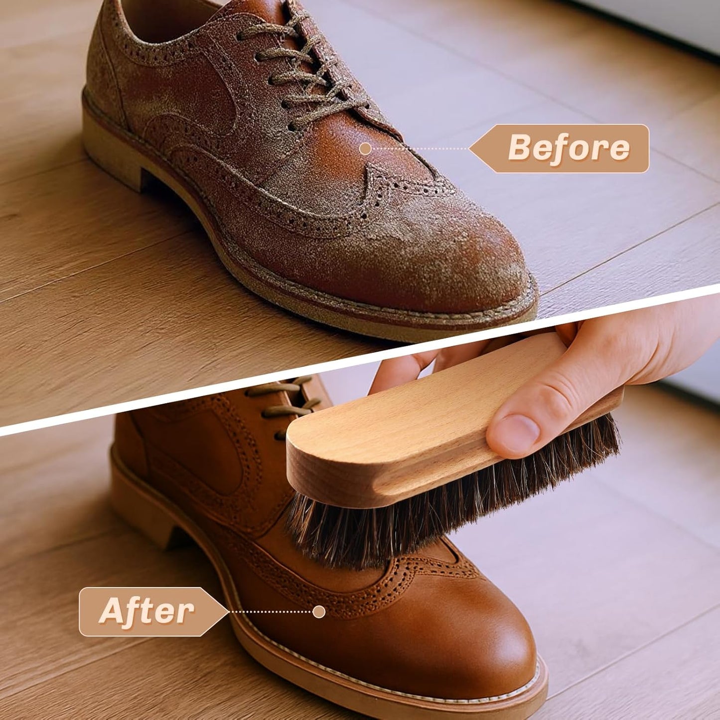 2 Pcs Horsehair Shine Shoes Brush Kit Polish Dauber Applicators Cleaning Leather Shoes Boots Care Brushes Suede Cleaner Brush(Wooden Concaved Brush)