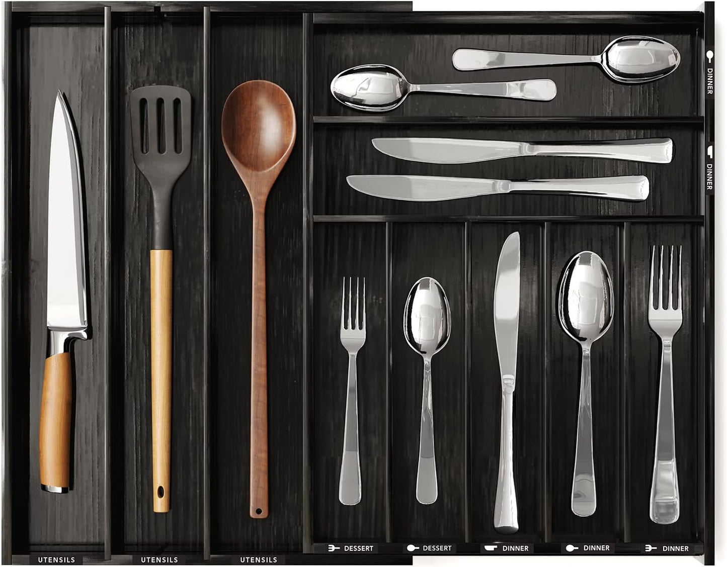 SpaceAid Bamboo Silverware Drawer Organizer with Labels, Kitchen Utensil Expandable Tray Holder Organizer for Flatware, Cutlery, Spoon and Knives Drawer Storage Organization (Black, 10 Slots)