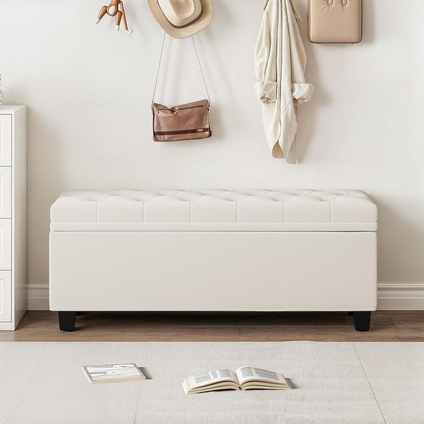 Maupvit Ottoman with Storage, Ottoman Bench with Lift Top, Upholstered Storage Bench with Hinged Lid, Bedroom Bench with Seating, Foot Rest Stool（Beige）