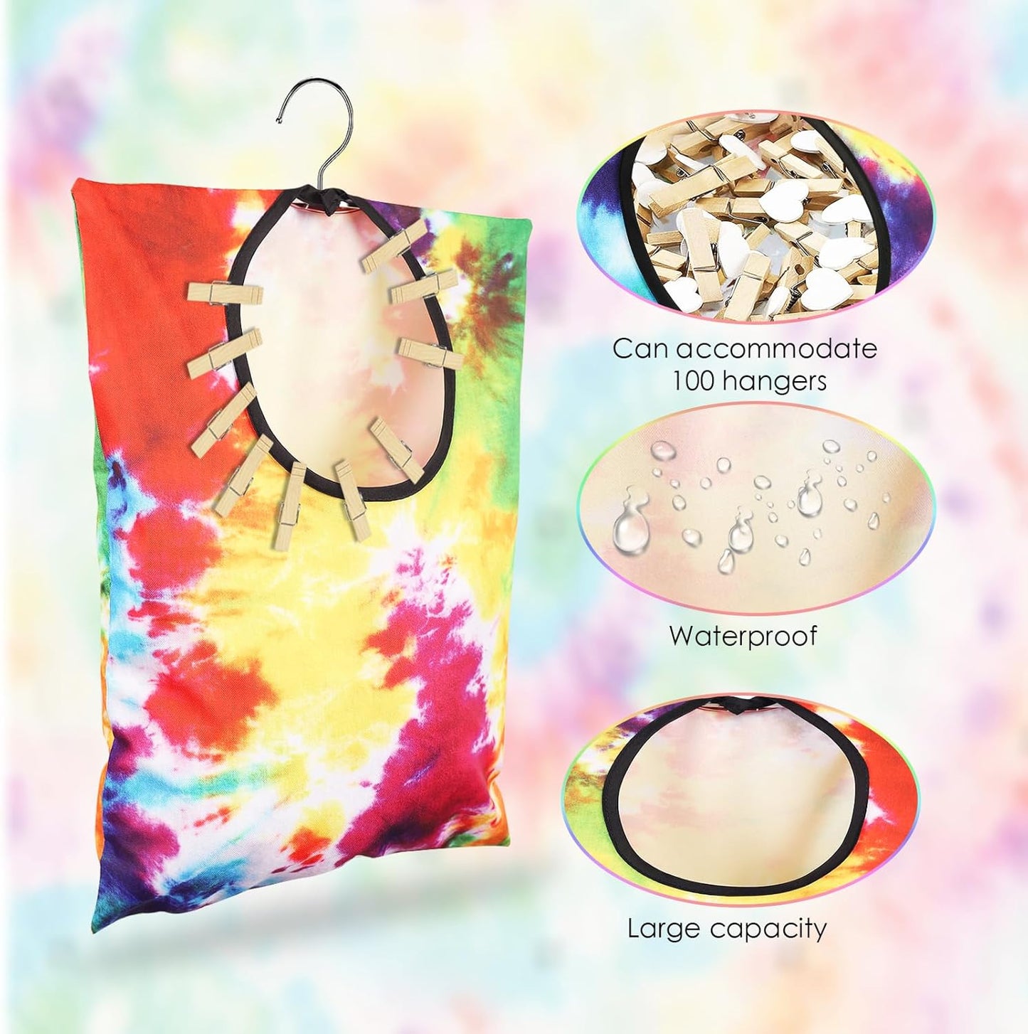 YLOLUL 2 Pcs Tie Dye Clothes Pin Bag with Hanging Hook, 15 x 11 Inch, Multicolor, Canvas & Polyester, Water Resistant, Clothespin Organizer Bag