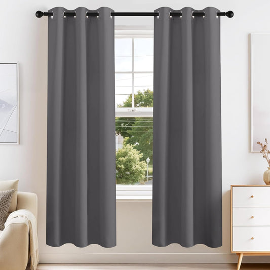 PONY DANCE Grey Blackout Curtains for Bedroom 63 Inch Length 2 Panels Set, Thermal Insulated Energy Saving Grommet Top Window Treatment Drapes for Living Room, W34 x L63 Inch