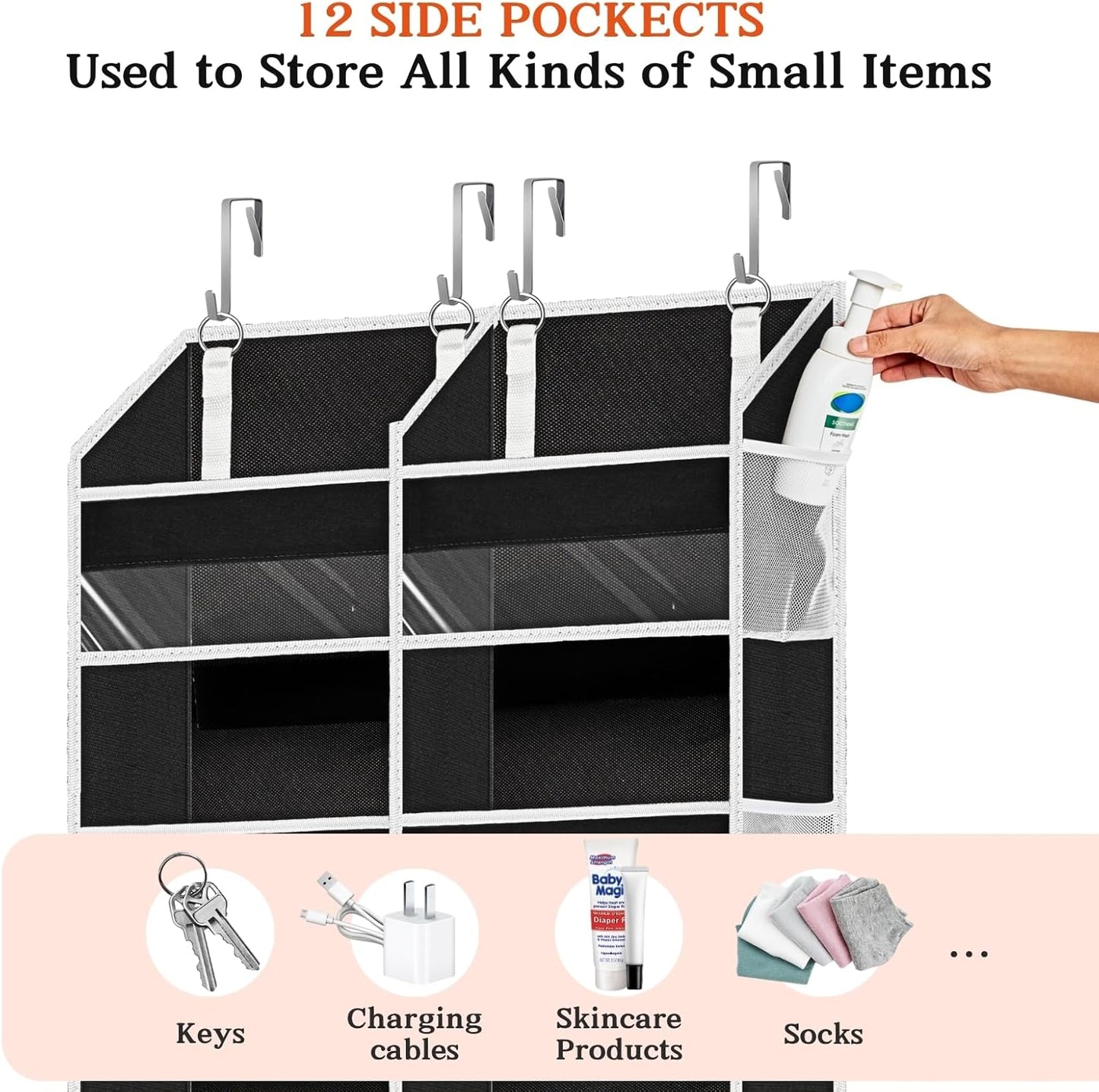 Over The Door Organizer 6 Tiers, Extra Large Behind Door Storage of 12 Compartments, 80 lbs Weight Capacity Hanging Storage Organizer with Clear Window Kids Toys, Shoes, Diapers, Room Storage,Black