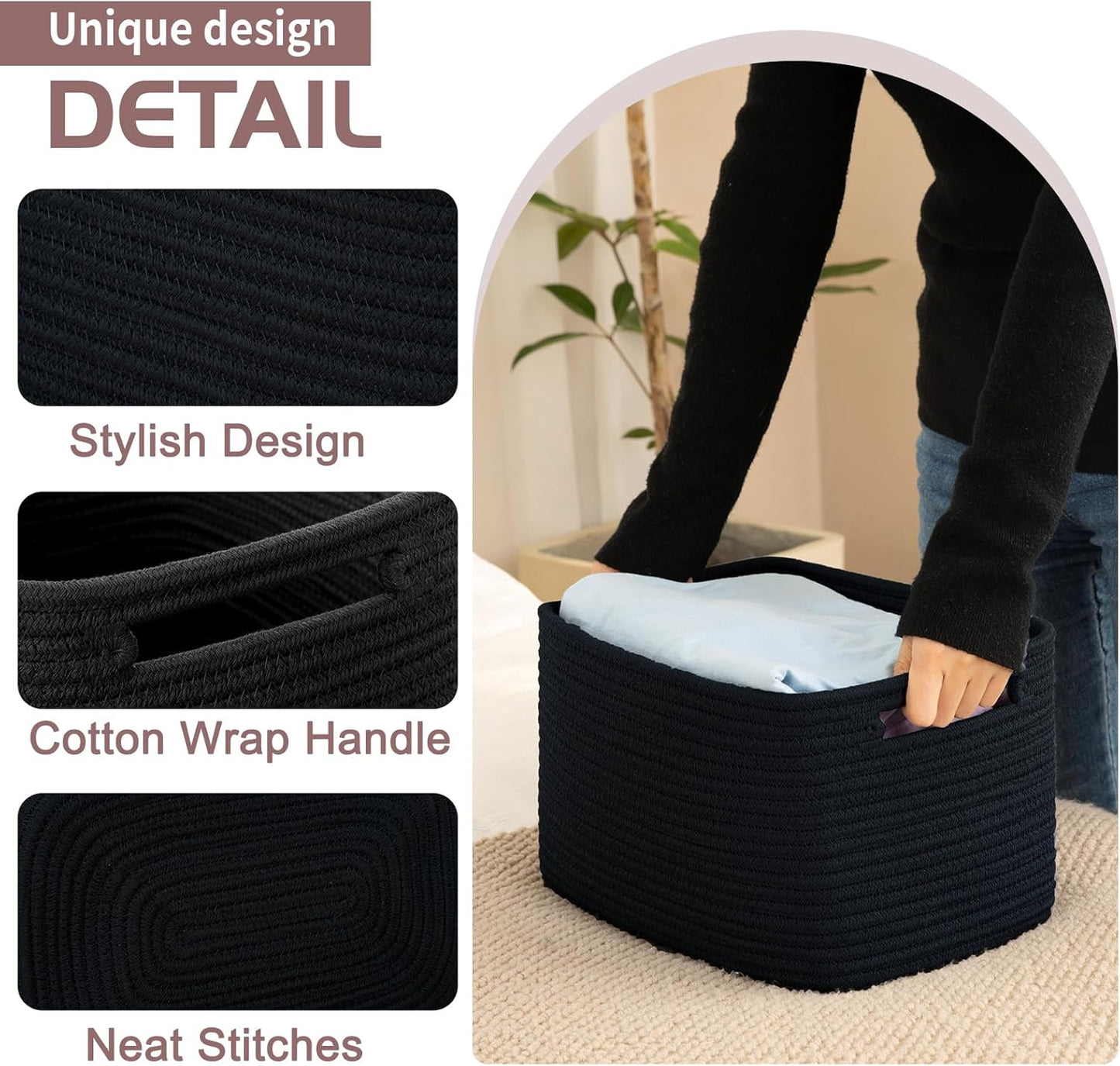 OIAHOMY 4 Pack Storage Baskets for Organizing, Cube Storage Bins for Shelves, Rectangle Storage Baskets With Handles, Woven Baskets for Storage, 12.7''Lx9''Wx7.8''H, Black