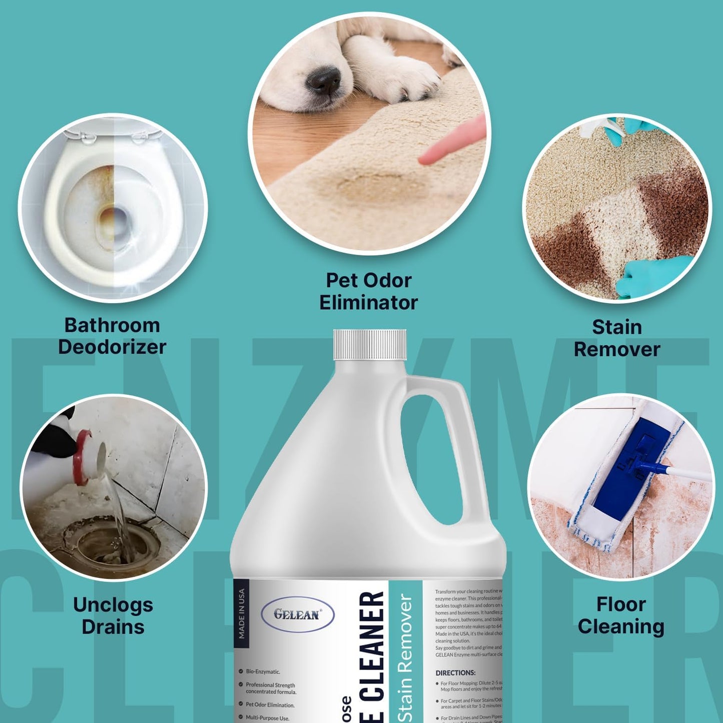 Multi-Purpose Probiotic Enzyme Cleaner, Made in USA - Pet Stain and Odor Remover - Concentrated - Professional & Home Strength Drains, Floors, Bathrooms, Toilets Trash Can, (1 gallon, Fresh fragrance)