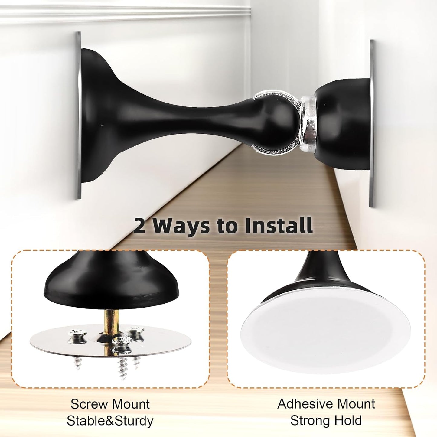 Probrico Black Magnetic Door Stoppers for Bottom of Door, Stainless Steel Magnet Door Catch Door Stops to Keep Door Open, Heavy Duty Door Holder, Wall and Floor Mounting, 2 Pack