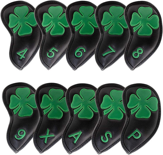 Golf Iron Covers Golf Iron Head Covers Leather Golf Iron Covers for Golf Clubs 10pcs Golf Iron Headcovers Lucky Clover Golf Club Head Covers for Iron with Magic Tape Fit All Brands