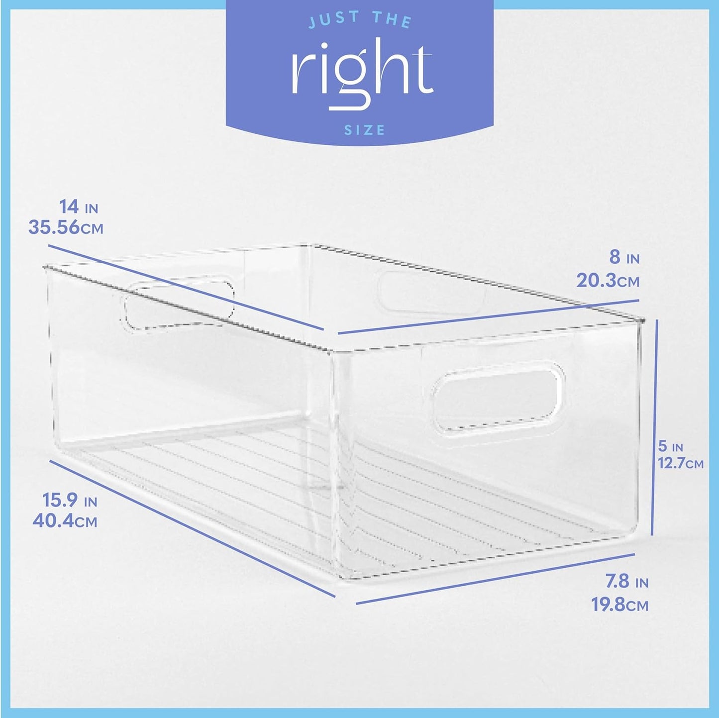Plastic Food Storage 4 Pack Clear Container Bin with Handles for Organizing Kitchen, Pantry, Refrigerator, Freezer, Pantry, Cabinet, Closet, Bathroom. 14”x8”x5”