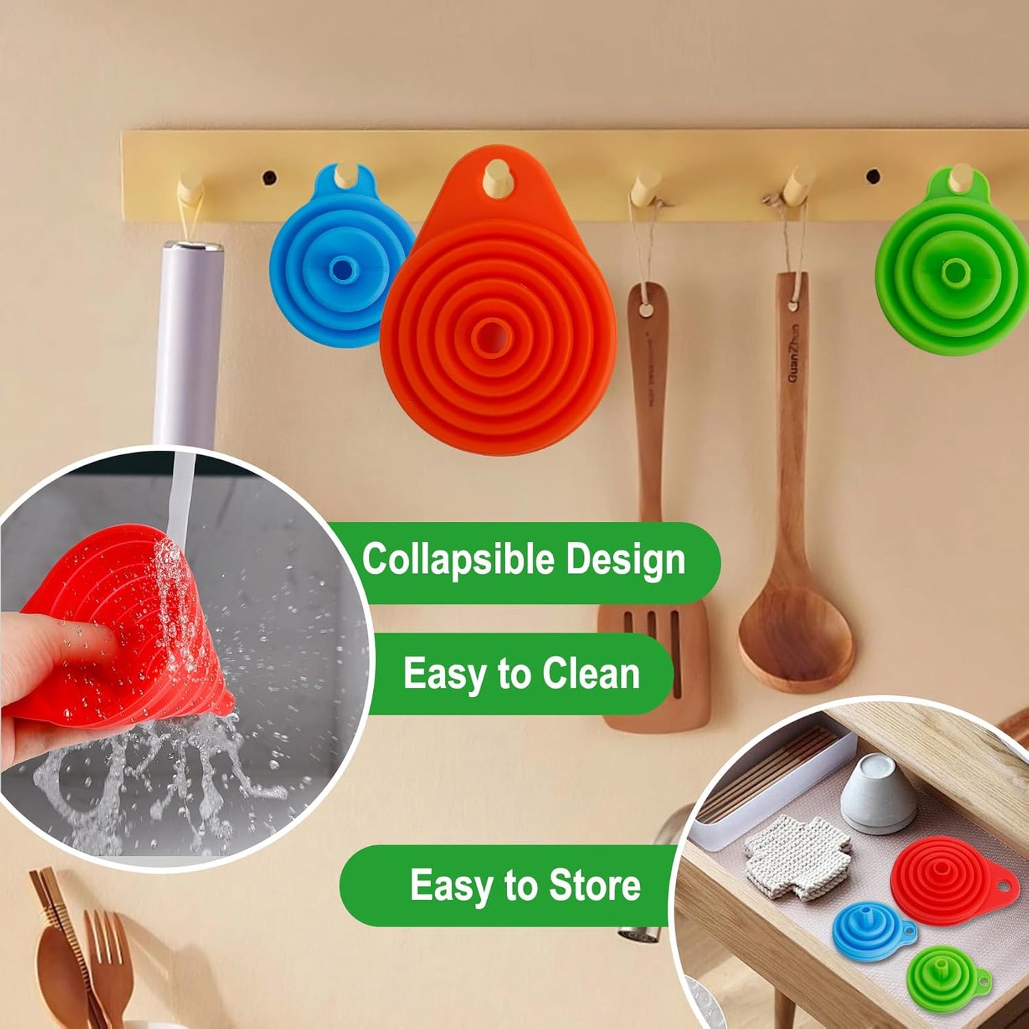 Kitchen Funnel Set of 4, Food Grade Foldable Small and Large Funnel Colorful Silicone Collapsible Funnels Flexible Funnels for Kitchen Use Filling Bottles Liquid Transfer Kitchen Gadgets Accessories