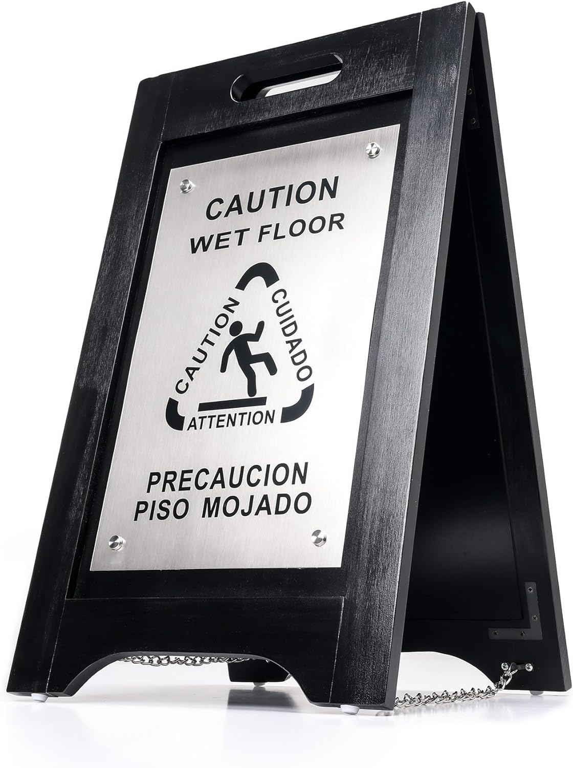 Premium Wooden Caution Wet Floor Sign – Bilingual w/ Non-Skid Plastic Feet – For Hotels, Schools, Offices, Areas, Restrooms, Pool Decks & Shops - Black Wood/Brushed Nickel Plate