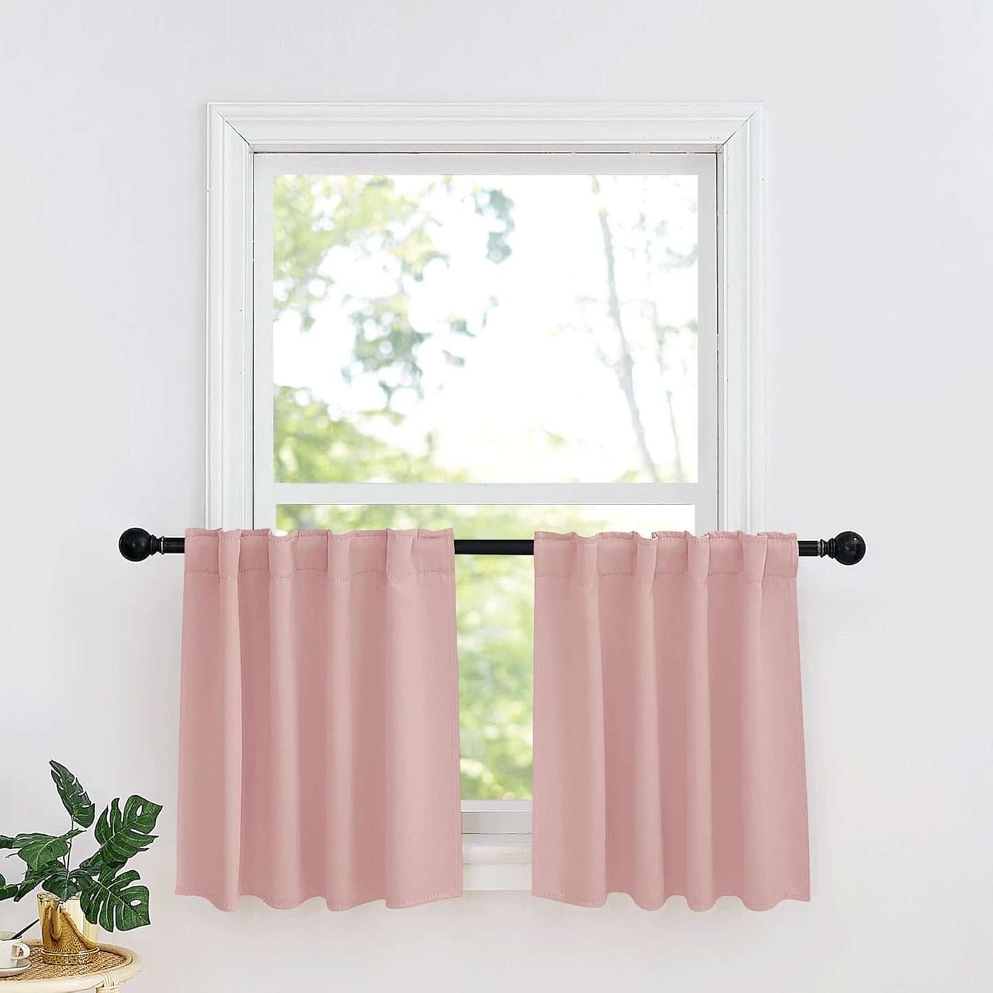 RYB HOME Kitchen Window Curtains Over Sink - Blackout Insualting Privacy Curtains for Kids Bedroom Kitchen Bathroom Basement Cafe Cabinet Tiers Drapes, 34 Width x 30 Length, 2 Panels, Peach Blush