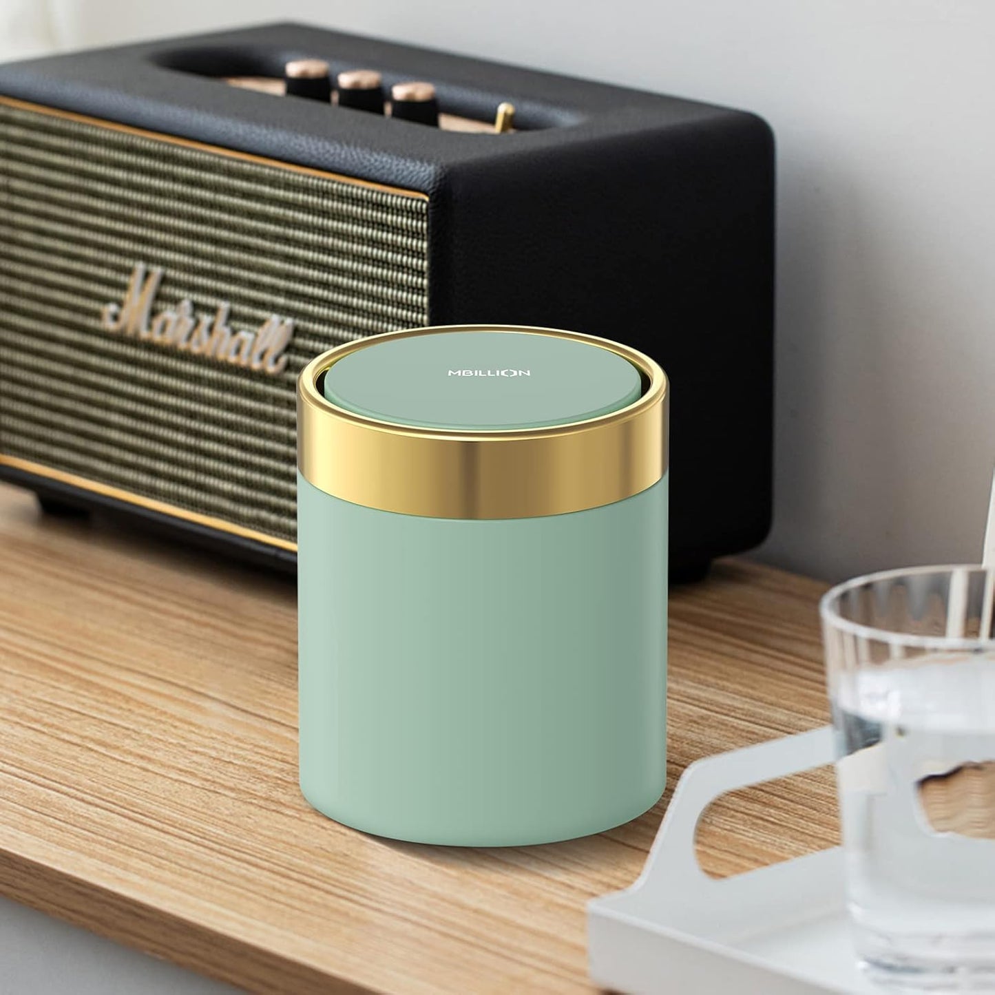 Mini Trash Can with Lid, Desktop Small Trash Can Recycling Bin Cute Metal Garbage Can for Tabletop Countertop Use,Stainless Steel 0.4Gal/1.5L Waste Bin for Office Parlor Car Bedroom,Light Green