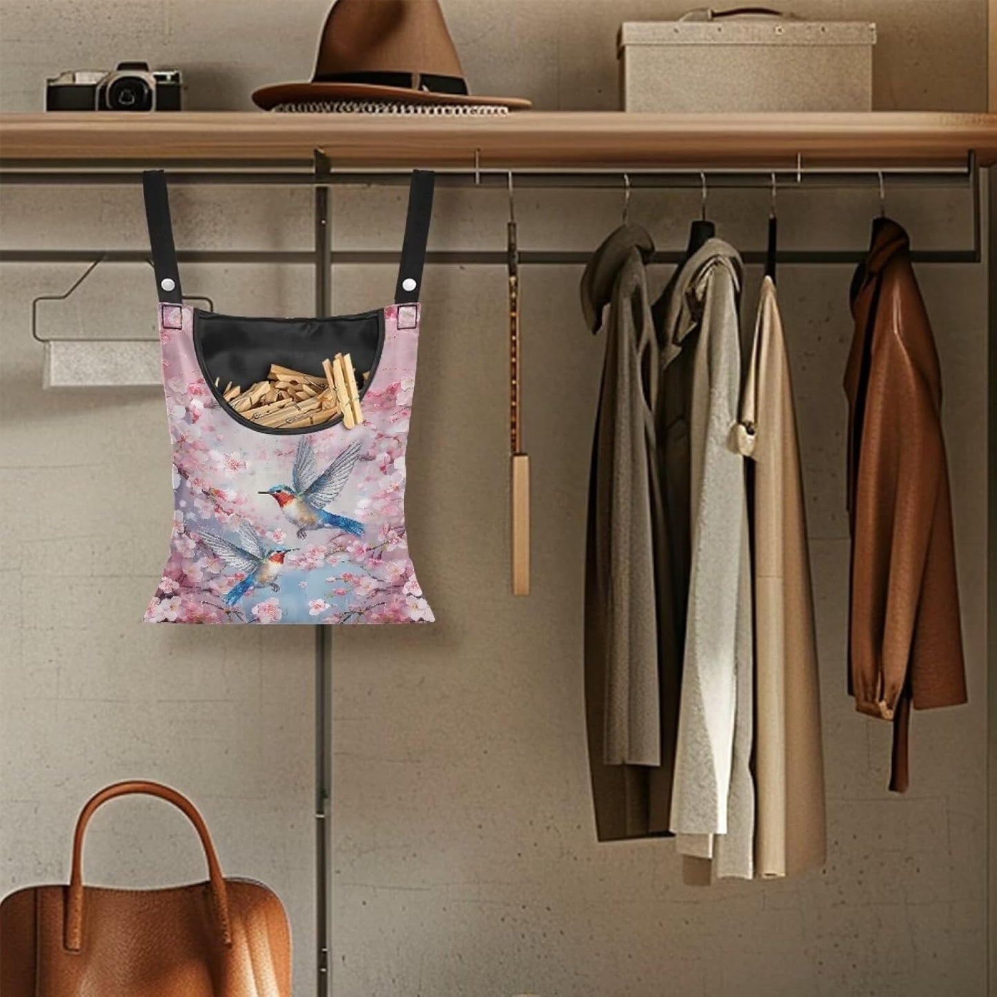 2 Pcs Pin Bag, Hummingbird Print Clothes Pin Hanging Bag Clothespin Storage Organizer with Large Opening Storage Organizer Space-Saving Laundry Hanging Bag