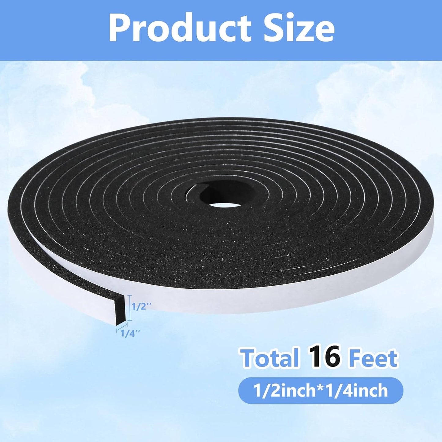 Weather Stripping Door Seal Strip- 1/2 Inch X 1/4 Inch X 16Feet, Strong Adhesive, Lightproof, Soundproof, Weatherproof Foam Tape Insulation for Sliding Door, Front Door Frame, Windows- Black