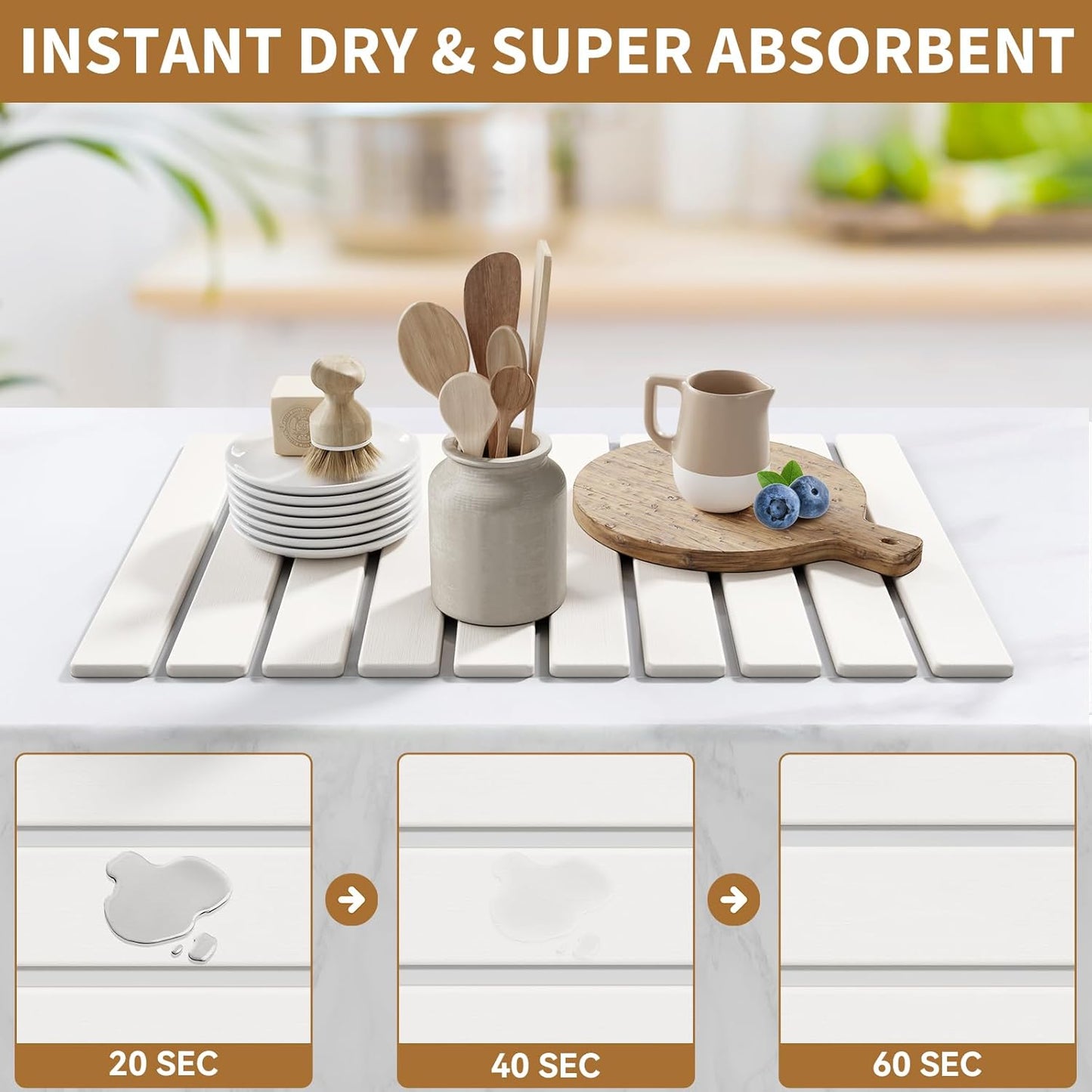 Large Stone Dish Drying Mats for Kitchen Counter,23.6''x15.3'' Foldable Quick Dry Stone Mat Kitchen,Eco-Friendly,Absorbent Diatomaceous Earth Mats for Dishes Bottles Cups Bathroom Any Countertop-White