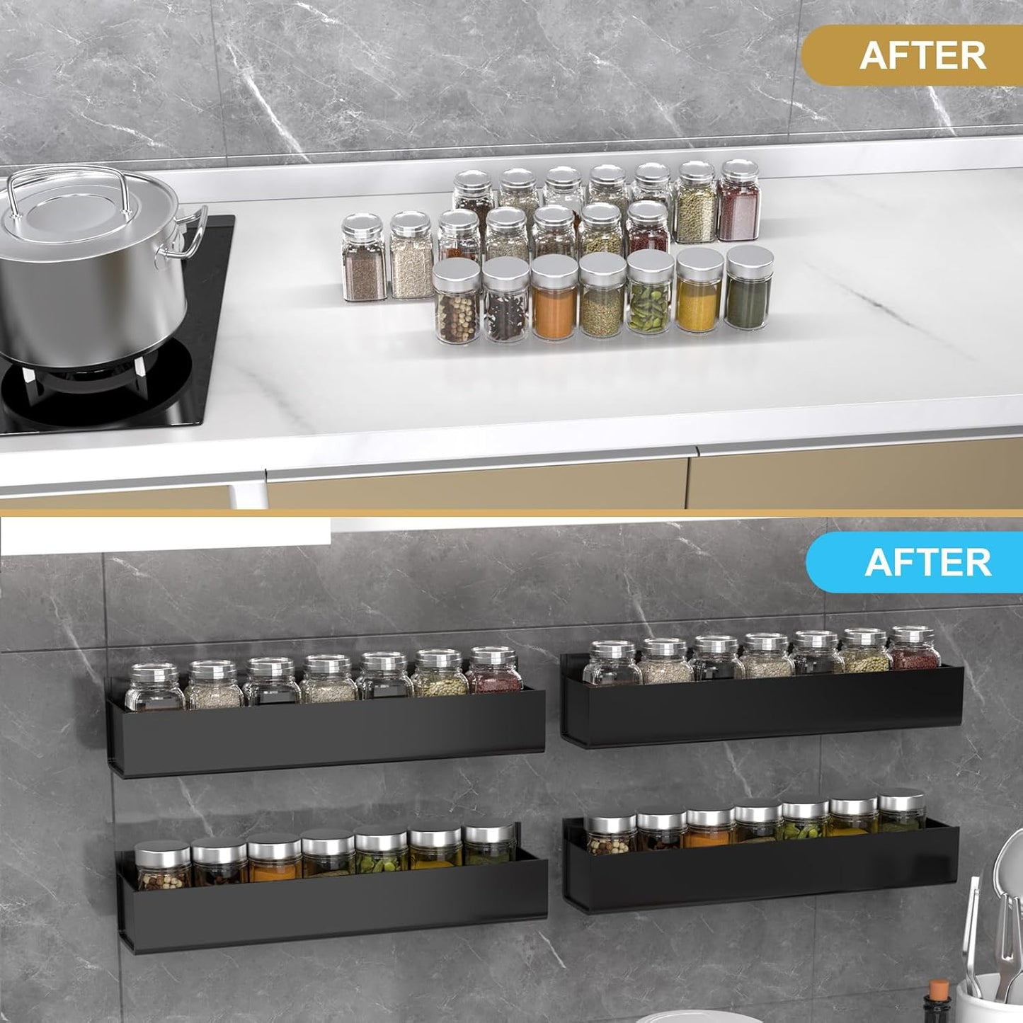 PMMASTO Adhesive Acrylic Spice Rack Organizer for Wall with Nano Double Sided Tape, Spice Shelf Organization for Kitchen Cabinet Door/Pantry Door, Wall Mount Seasoning Rack (Black - 4 Pack)