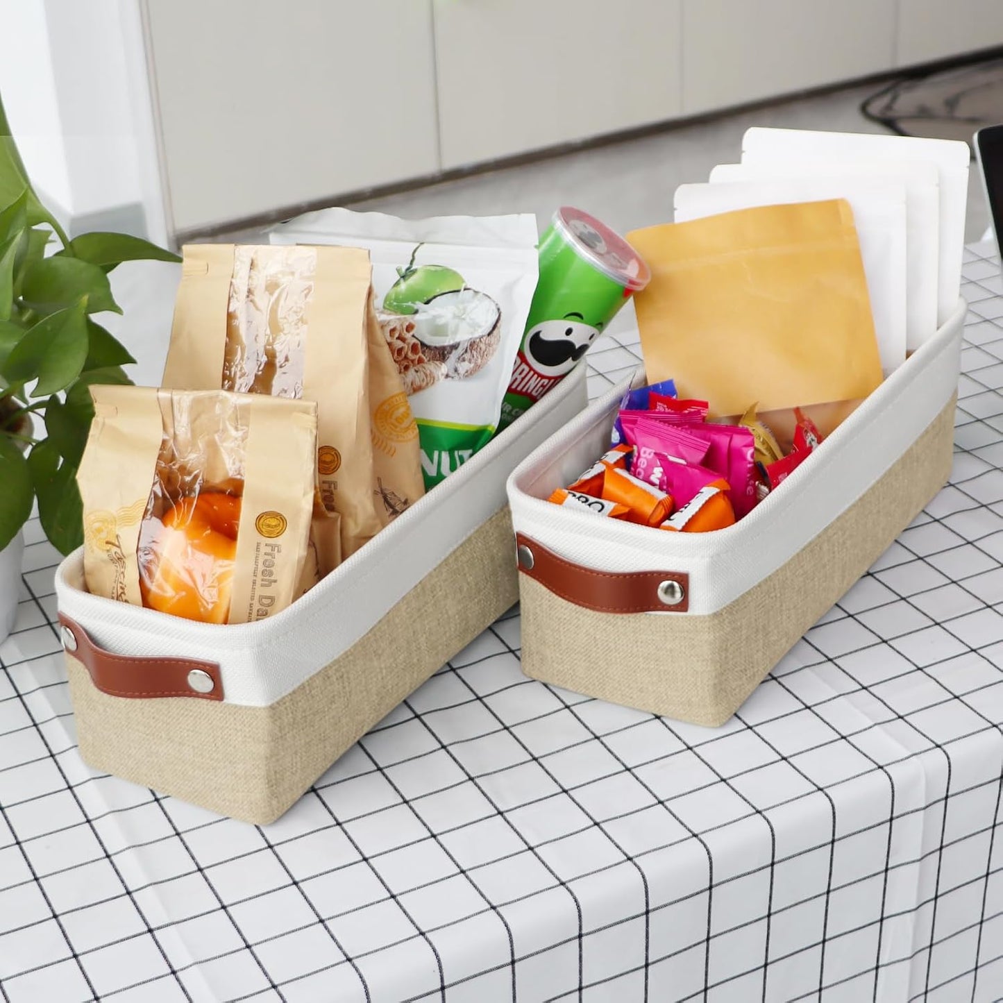 Univivi 4PC Long Narrow Storage Baskets, Small Fabric Storage Bins with PU Handles for Closet,Cabinet,Countertop Organizing Small Items(Khaki-15x6x5 inch)