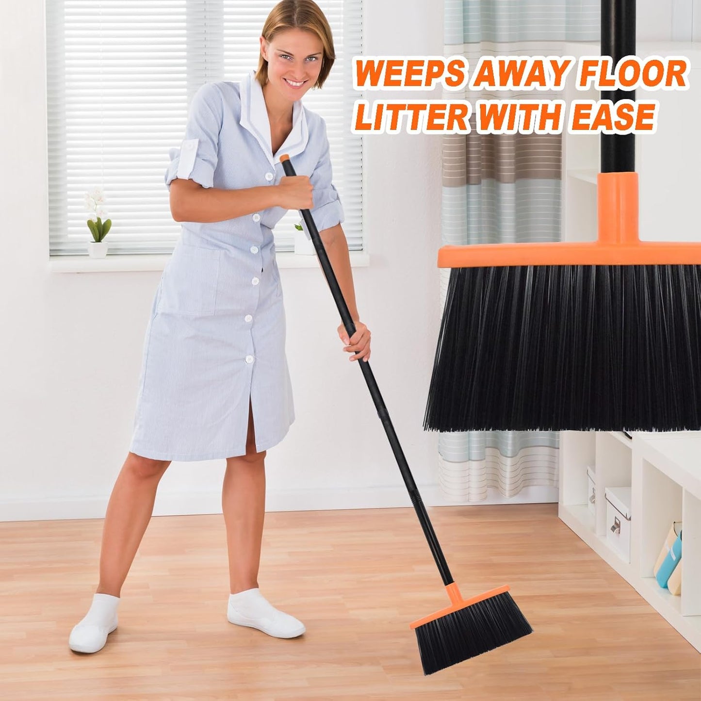 Heavy-Duty Adjustable Angle Broom with 56" Steel Handle - Ideal for Home, Garage, Kitchen, Bathroom, Office, and Outdoor Use - Durable & Efficient Cleaning Tool for Hard Floors (Orange)