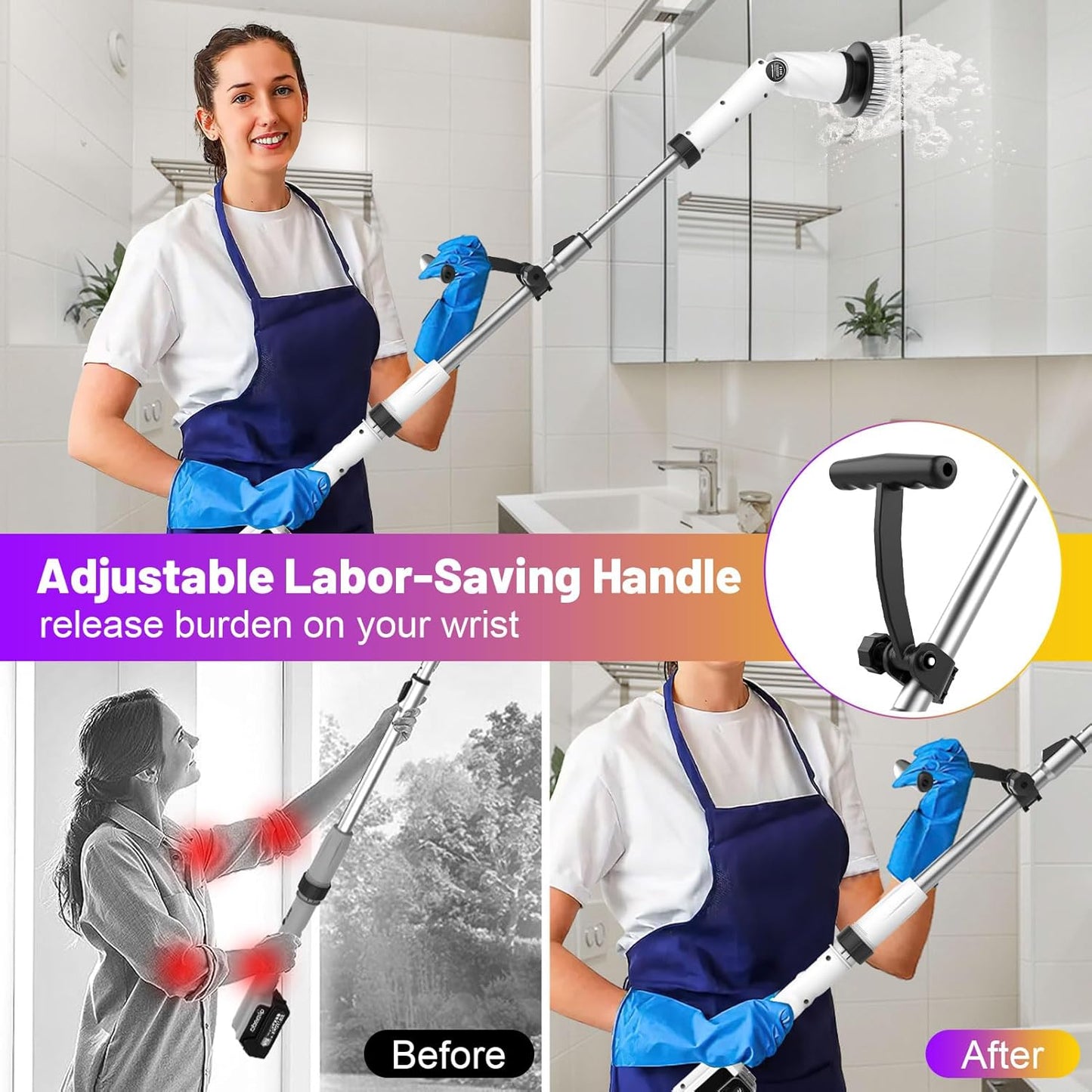 6000mAh Battery Electric Spin Scrubber 5inch Large Brush, Zordin Best Power Shower Scrubber for Cleaning, 1200RPM Cordless Cleaning Brush for Bathroom/Floor Grout Tile (8 Brushes)