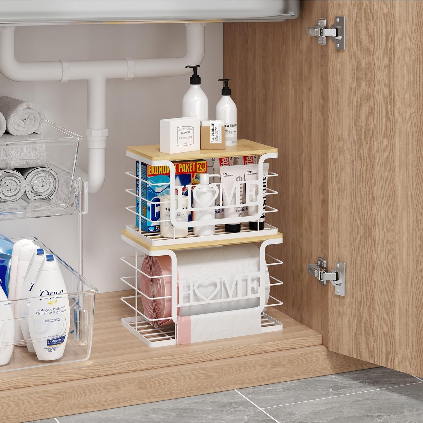 Trash Bag Holder, Thipoten Trash Bags Dispenser with Bamboo Top, Suitable for Garbage Bags Purchased Online or Supermarket, Perfect Storage Organizers for Cabinet, Under Sink (White, 2pack-XL/L)