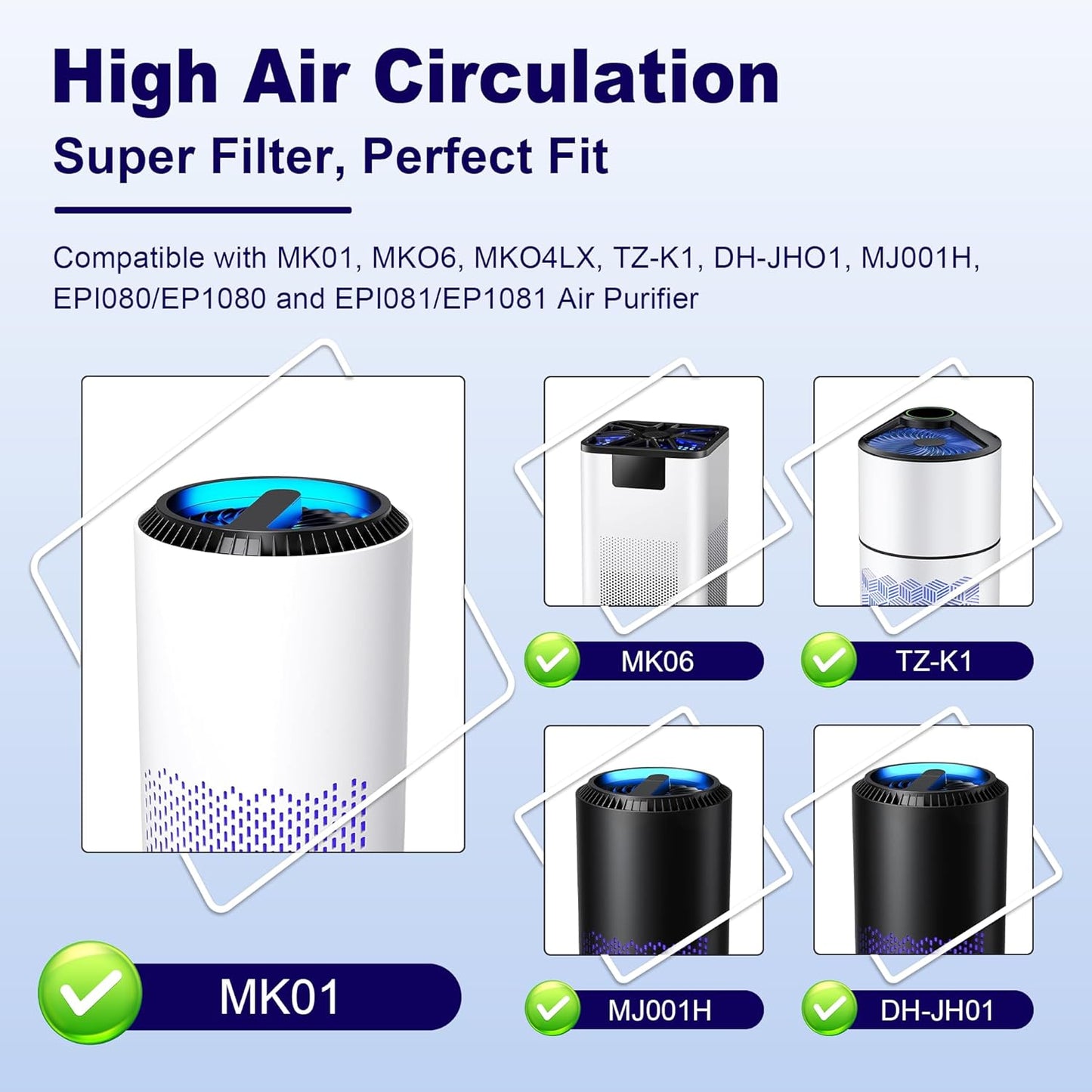 MK01 & MK06 True HEPA Filter Replacement Compatible with Aroeve MK01, MK06, ToLife TZ-K1 and Kloudi DH-JH01 Air Purifier, Standard Version, Blue, 2 Pack