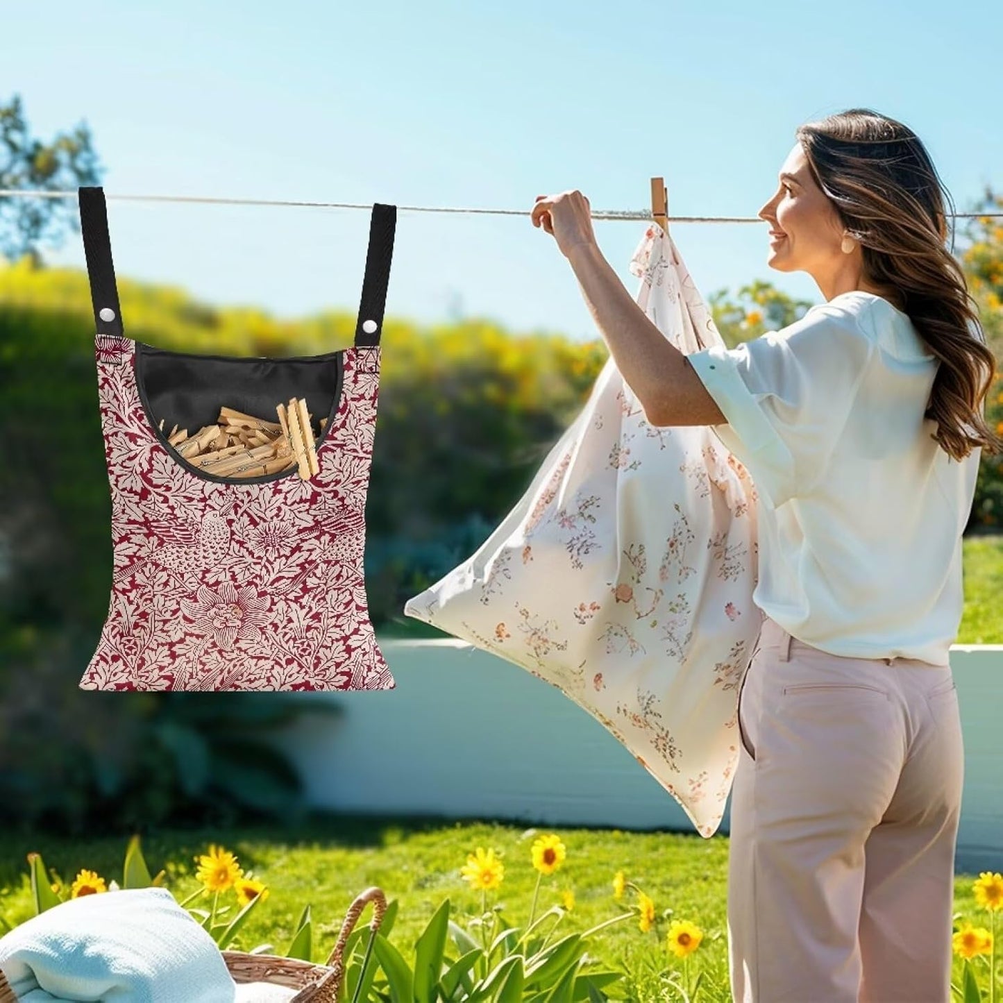 Strength Clothespin Bag 14.5x12 Inches - Vintage Bird Flower Red Print Commercial Quality Storage with Oversized Opening - Heavy Duty Polyester Construction with Reinforced Grommets