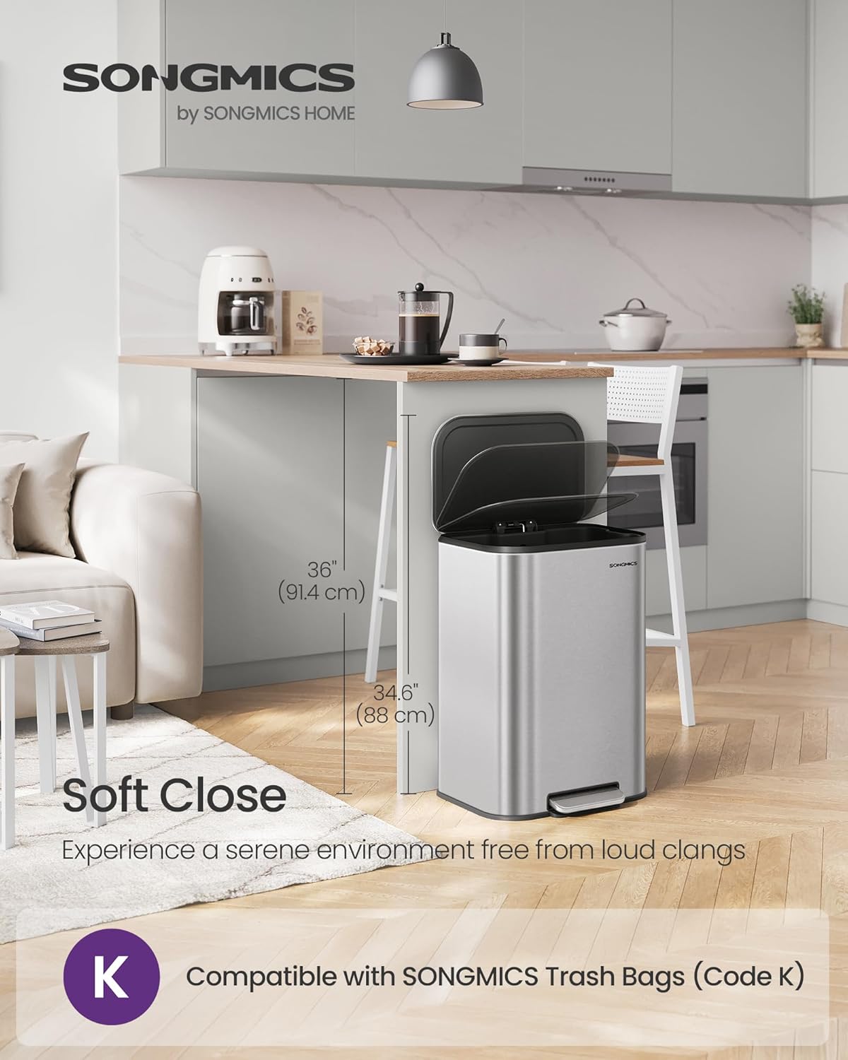 SONGMICS Kitchen Trash Can, 13-Gallon (50 L) Garbage Can with Lid, Stainless Steel, Soft Close and Stays Open, Inner Bucket, Wide Non-Slip Pedal, Metallic Silver ULTB547E01