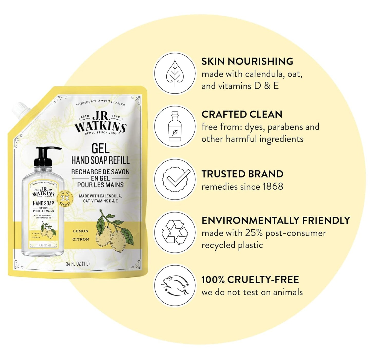 J.R. Watkins Gel Hand Soap Refill Pouch, Scented Liquid Hand Wash for Bathroom or Kitchen, USA Made and Cruelty Free, 34 fl oz, Lemon, 2 Pack