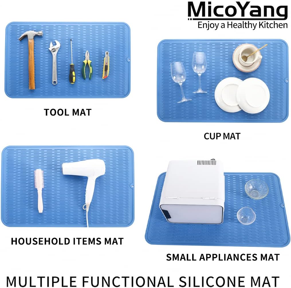 Silicone Dish Drying Mat for Multiple Usage,Easy clean,Eco-friendly,Heat-resistant Silicone Mat for Kitchen Counter or Sink,Refrigerator or Drawer Liner Lichen BlueL 3XL 28 inches x 18 inches