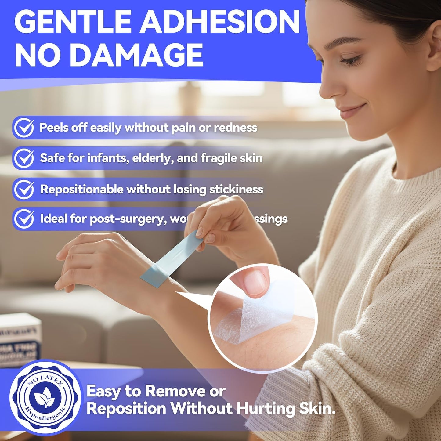 FRESINIDER Silicone Medical Tape – 1" x 1.5 Yard Blue 2 Rolls, Pre-Cut, Waterproof & Repositionable, Pain-Free Removal, Hypoallergenic Adhesive for Sensitive Skin, Wound Care & First Aid Use