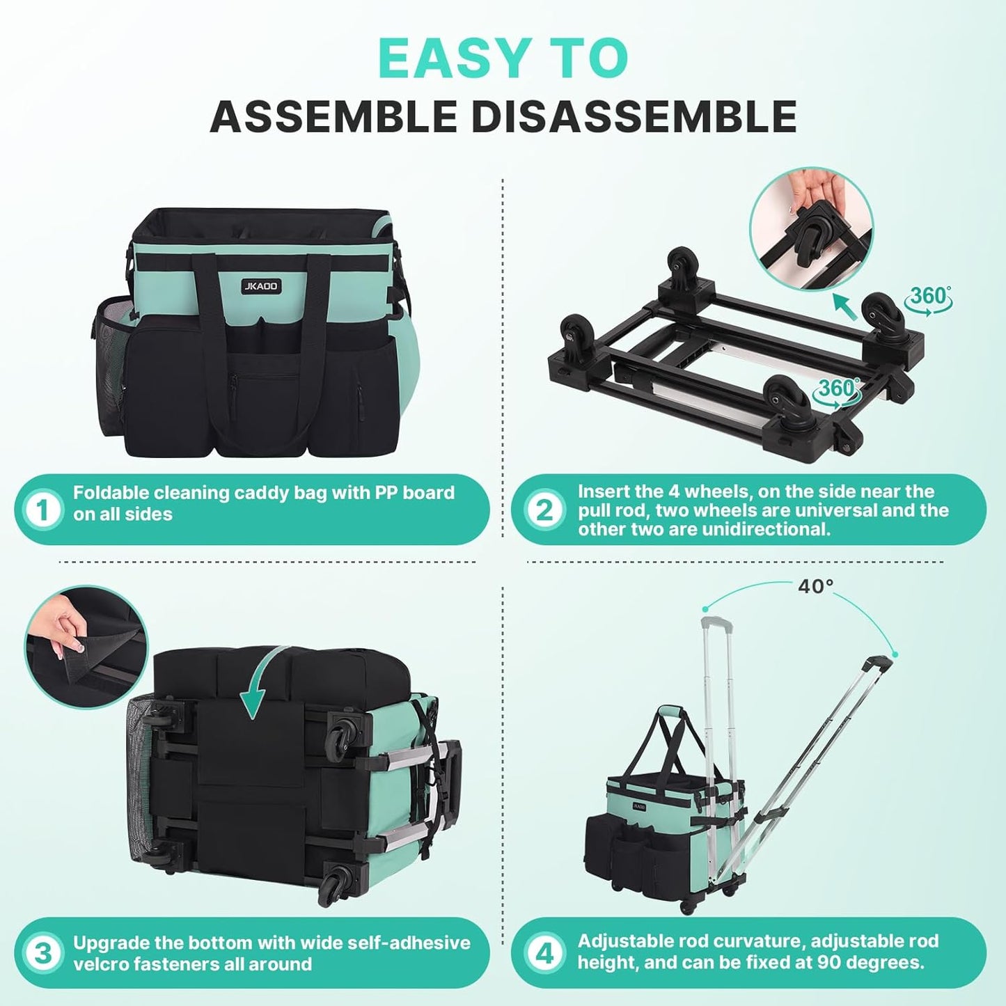 Large Rolling Cleaning Caddy Bag with Detachable Trolley, Waterproof Cleaning Caddy on Wheels for Housekeepers, Cleaning Cart Supplies Organizer for Home,Car,Office,Picnic (Blue-Green) (Patent)