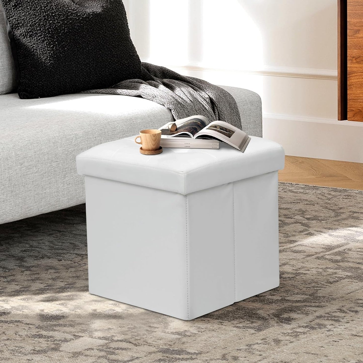 Athena Collection 15" Storage Ottoman Bench Folding Bench with 40L Hidden Storage, Small Cube Ottoman PU Leather Foot Rest Stool Chest with Flipping Lid for Living Room, Bedroom, Entryway, White