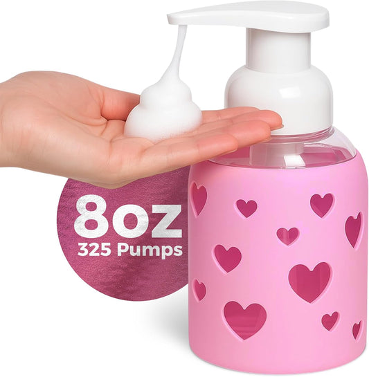 SoCal Suds & Company Glass Foaming Hand Soap Dispenser, Heart Silicone Sleeve, Refillable Pump Bottle for Kids, Baby Wash & Shampoo, Ideal for Home Use, Bright Pink 8oz