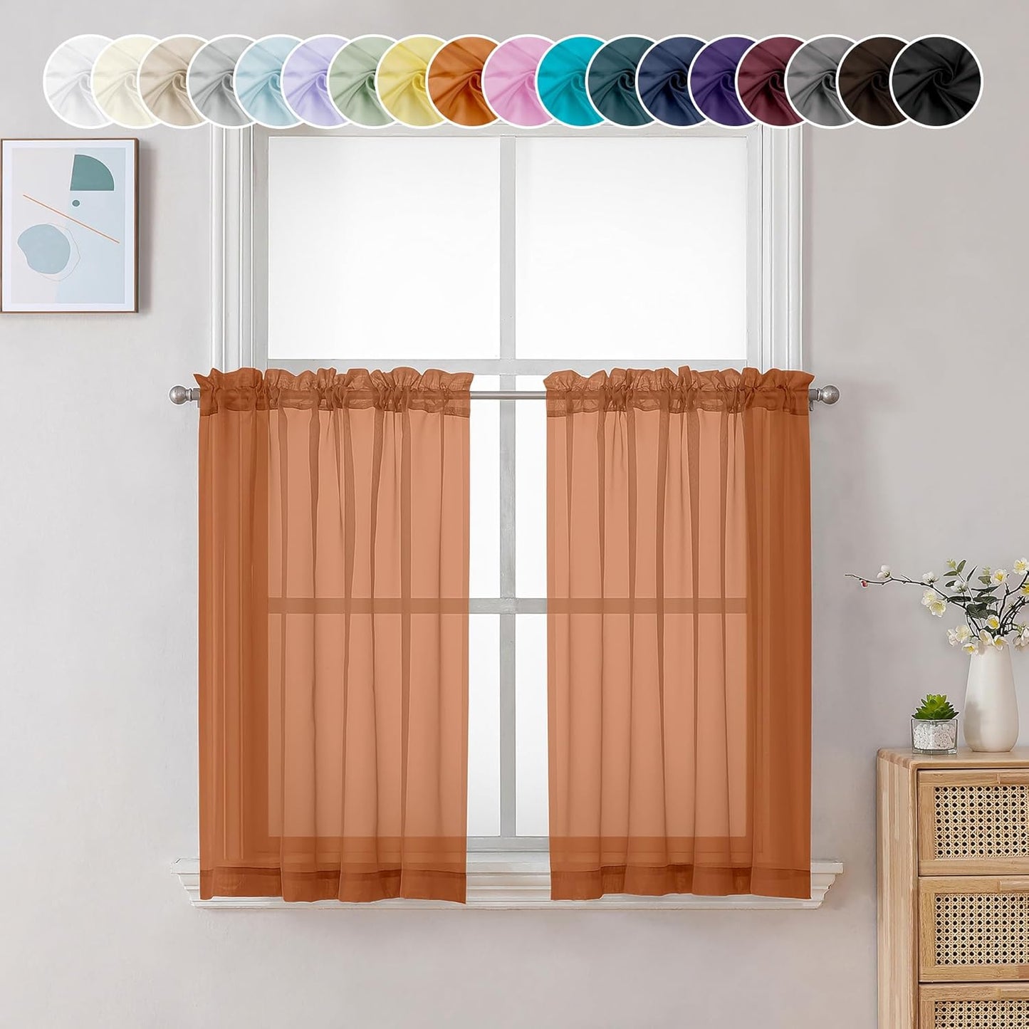 Chyhomenyc Orange Sheer Curtains 36 inch Length 2 Panels, Light Filtering Voile Rod Pocket Short Window Curtians for Bathroom Living Room Farmhouse Small Windows, 42Wx36L inches