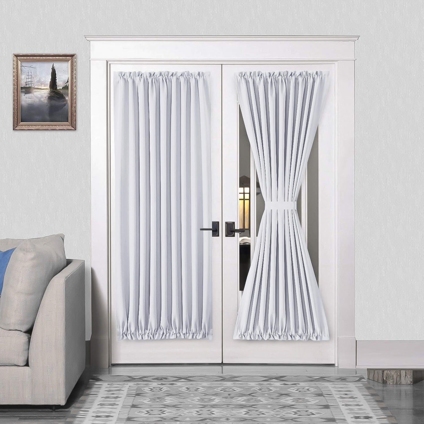 DWCN French Door Curtains – Rod Pocket Thermal Blackout Curtain for Doors with Glass Window, Kitchen and Patio Doors for Privacy, 54 X 72 Inches Long, 1 Curtain Panel with Tieback, Greyish White