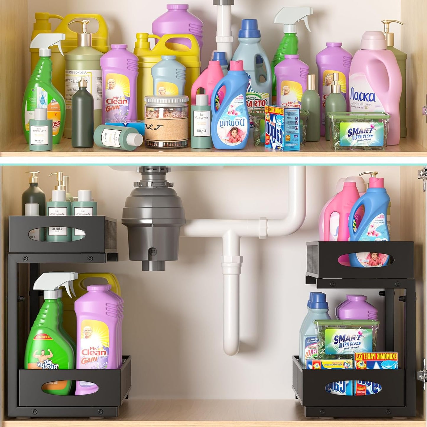 Under Sink Organizer, 2-Pack of 2-Tier Metal Slide Out Pull Out Cabinet Organizer Shelf, Height Adjustable Organization and Storage Series, Bathroom/Desktop/Cabinet/Kitchen Organization, Black