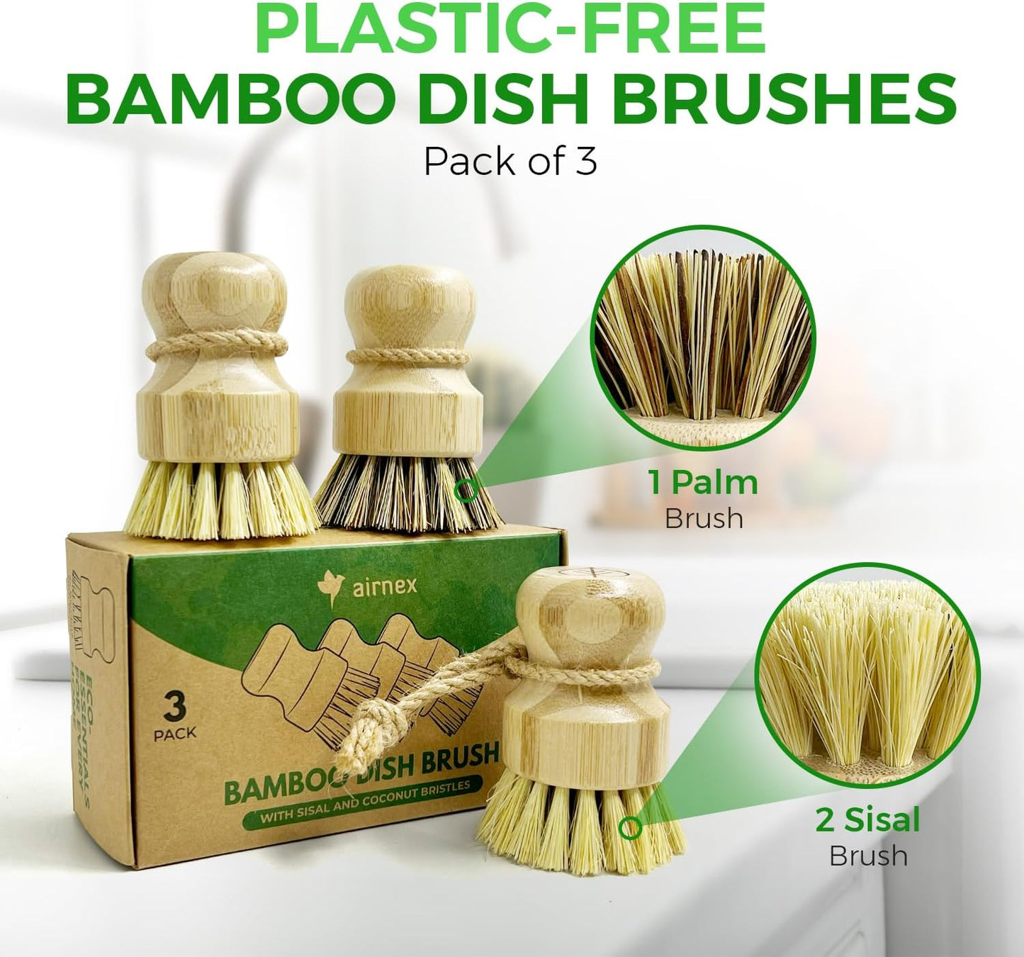 Bamboo Dish Brush Set of 3-100% Plastic Free Kitchen Scrubber with Medium Stiff Sisal and Strong Blend of Coconut Bristles - Non Scratch, Odor Free Wood Scrub for Pots, Pans and Vegetables