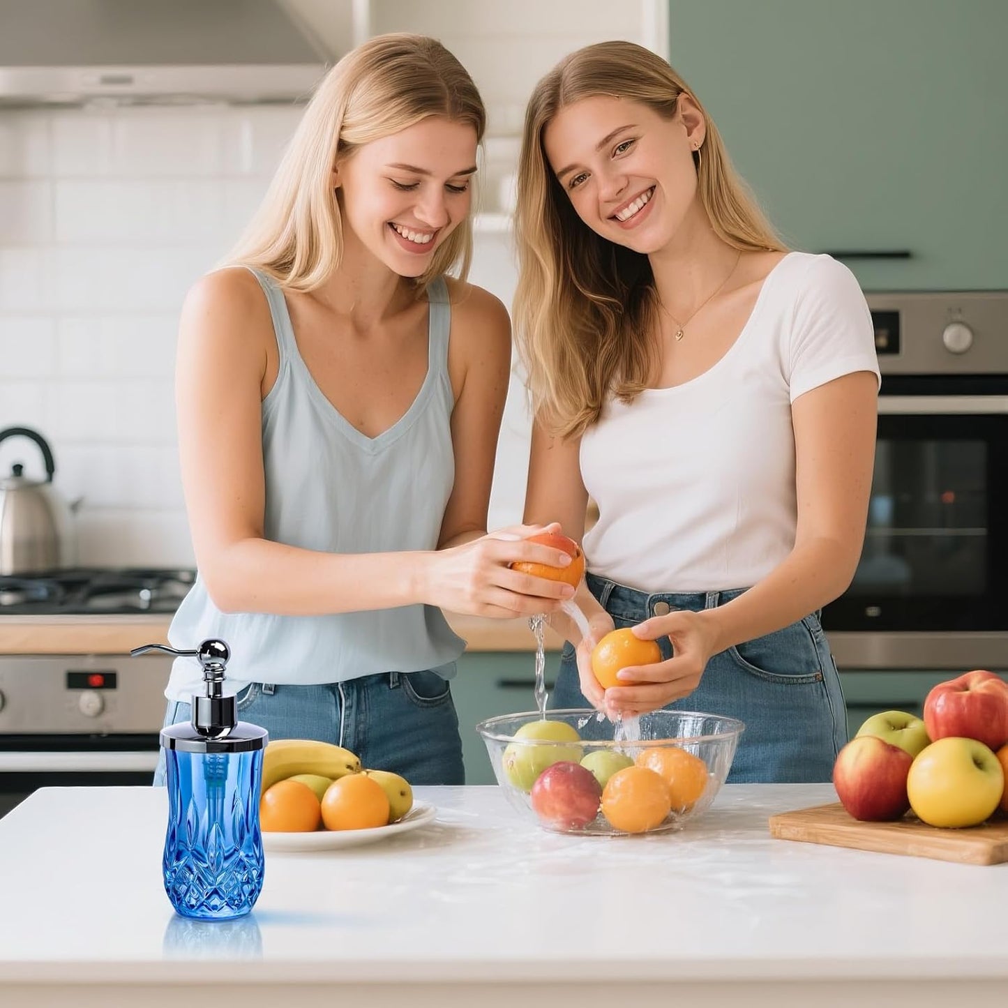 9Oz Diamond Grid Pattern Blue Glass Soap Dispenser with Rust Proof Stainless Steel Pump,Refillable Liquid Soap Dispenser for Bathroom & Kitchen Dish Soap, Hand soap, Lotion(Round)