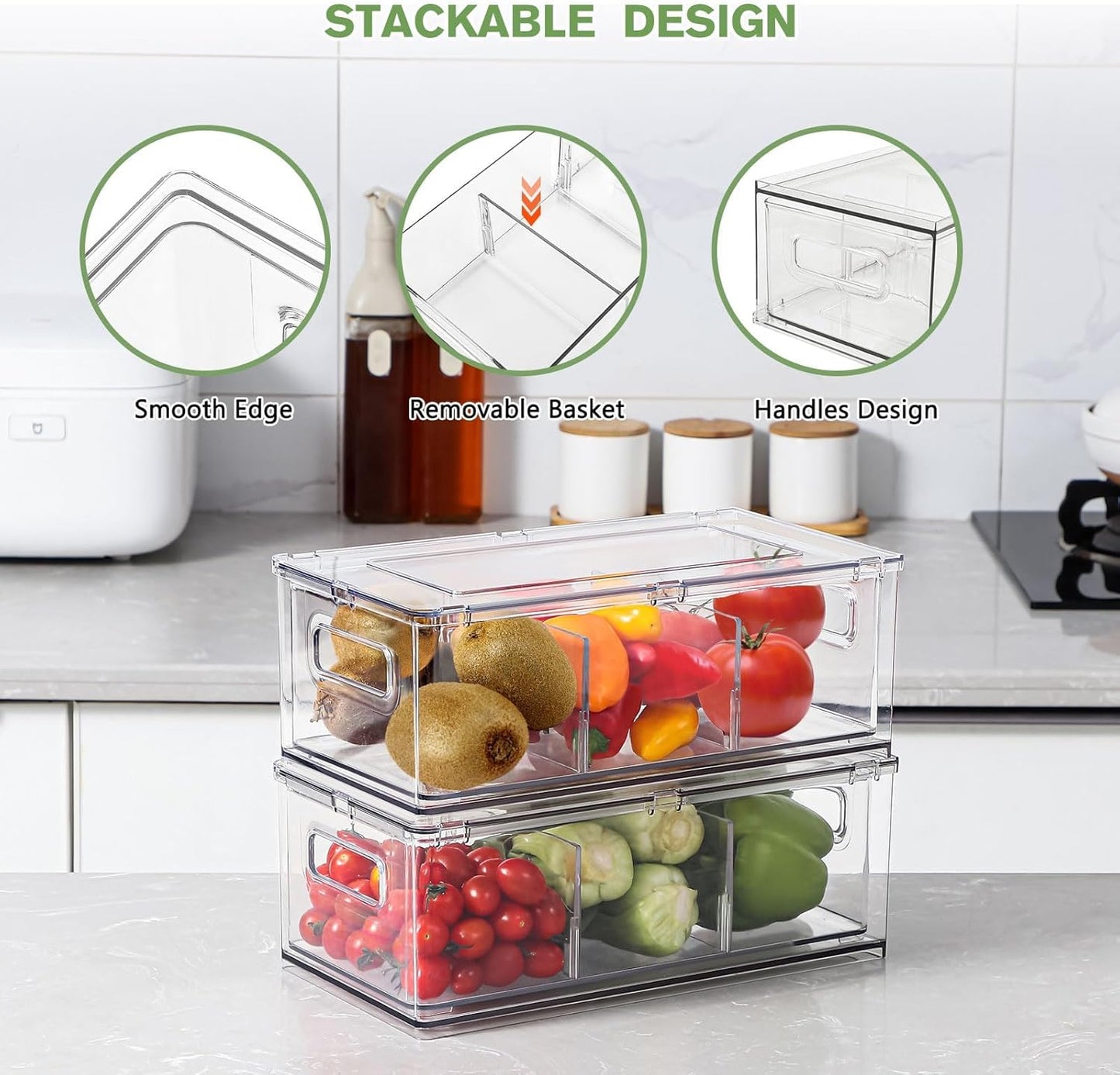 shopwithgreen Refrigerator Organizer Bins with Pull-out Drawer, Drawable Clear Fridge Drawer Organizer with Handle, Plastic Kitchen Pantry Storage Containers , 2 Pack, 3.7QT