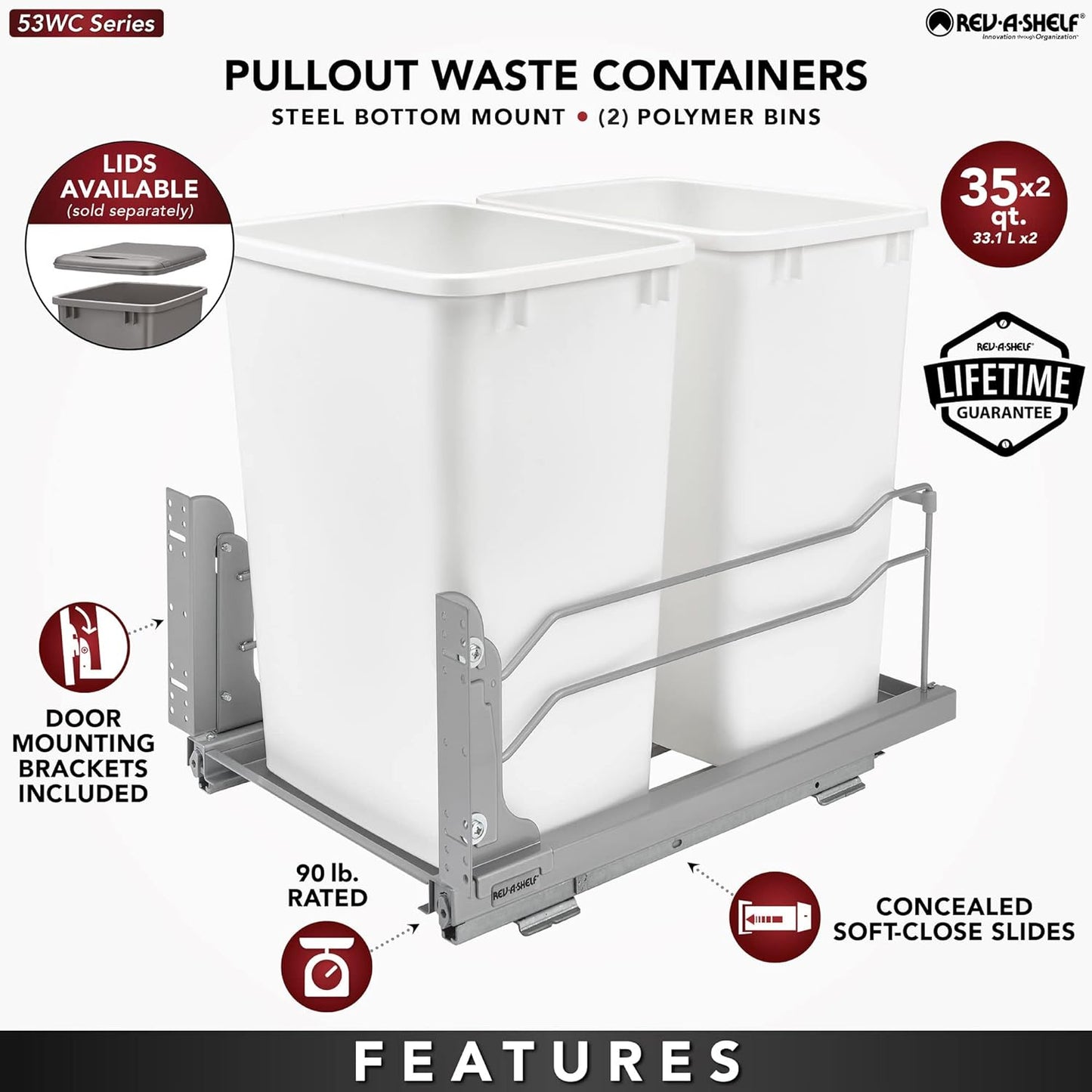Rev-A-Shelf Double Pullout Trash Cans for Under Kitchen Cabinets 35 Quart 8.75 Gallon with Soft-Close Slides, Orion Gray, 53WC-1835SCDM-213