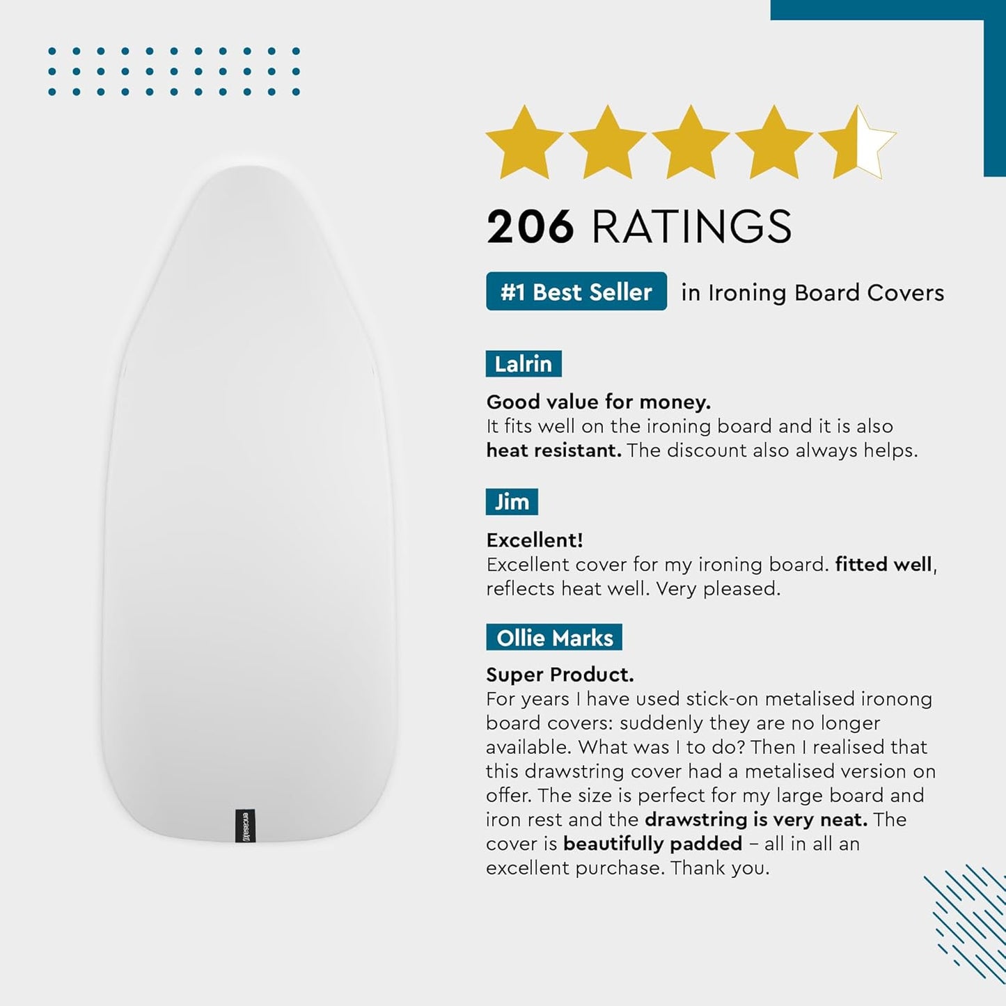 Encasa XO Ironing Board Cover and Pad 49"x18" - Metallised 'Silver Super Luxury' with Foam & Felt Pad, Fits Wide Iron Boards - Heat Reflective, Scorch Resistant, Bungee Elasticated, 3 Fasteners