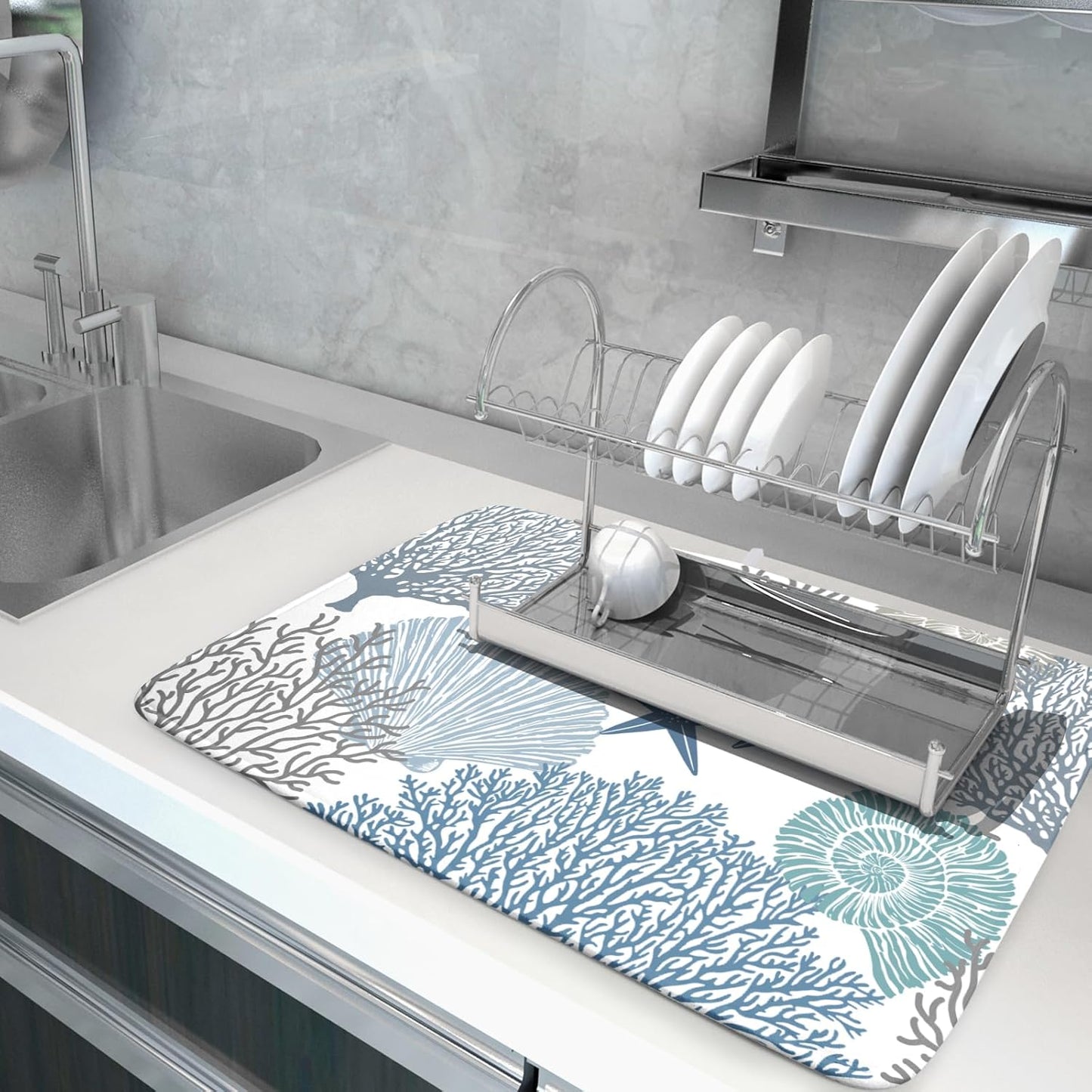 Blue Coral Dish Drying Mat 18x24 Inch Absorbent Reversible Summer Beach Drying Mat Nautical Coastal Starfish Dish Drying Rack Mat Ocean Themed Dish Drainer Mat for Kitchen Counter Coffee Bar