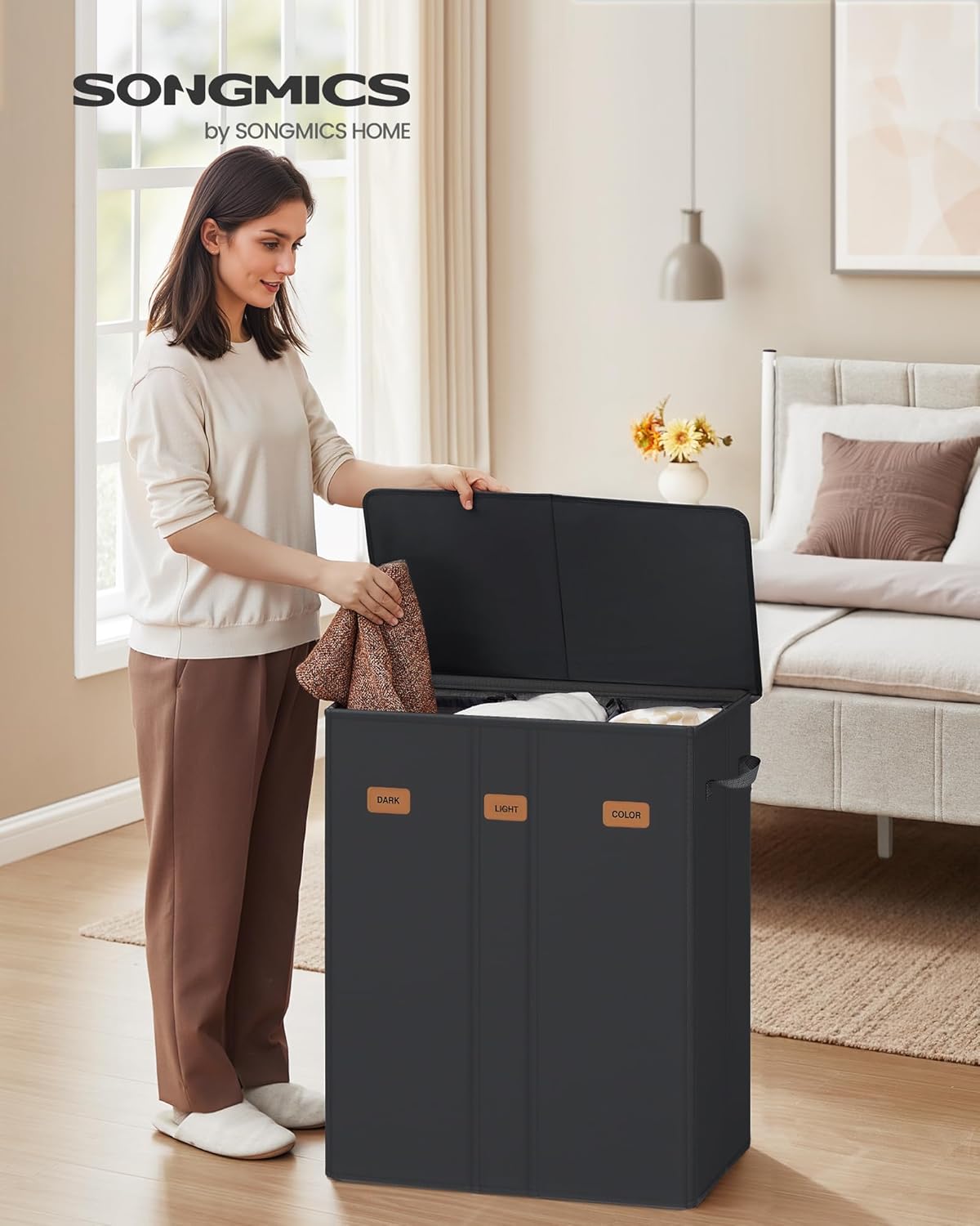 SONGMICS 42.2 Gallon (160 L) Laundry Hamper, 3-Compartment Laundry Basket Sorter with Lid, Labels, Removable Liner Bags, for Bedroom, Ink Black URLH013B01