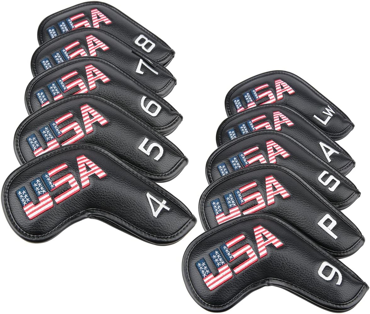Golf Builder Black Leather USA Golf Club Iron Wedge Head Covers Fit All Brands