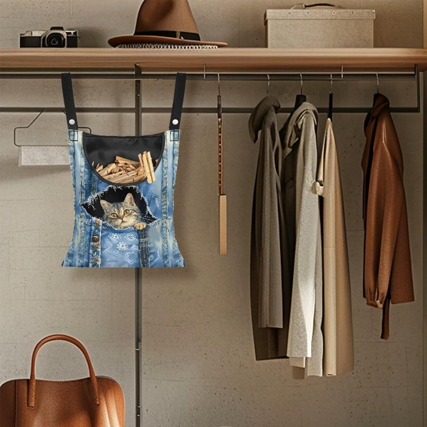 2 Pcs Clothespin Bag, Cat Pin Bag with Hanging Rope for Home Outdoor，Laundry Hanging Bag Fits Clothes Lines for Hanging Clothes Outside Balcony Bathroom Corridor Yard