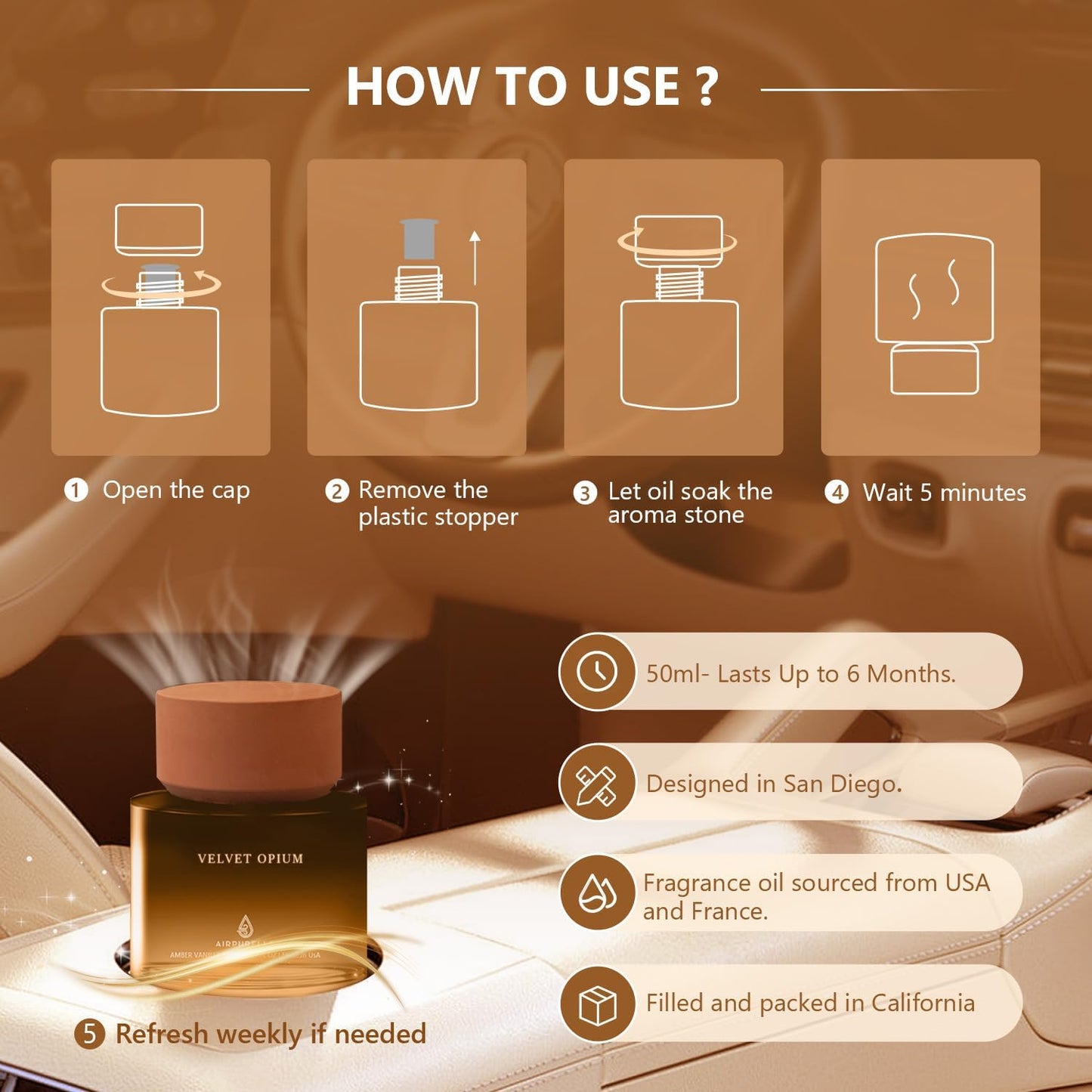 Car Air Freshener Cup 50ml Car Air Fresheners Diffuser Citrus Musk - AV30 Fragrance Oil Air Diffuser 180+ Days Long Lasting Fragrance, 1.7 FL OZ/50ML