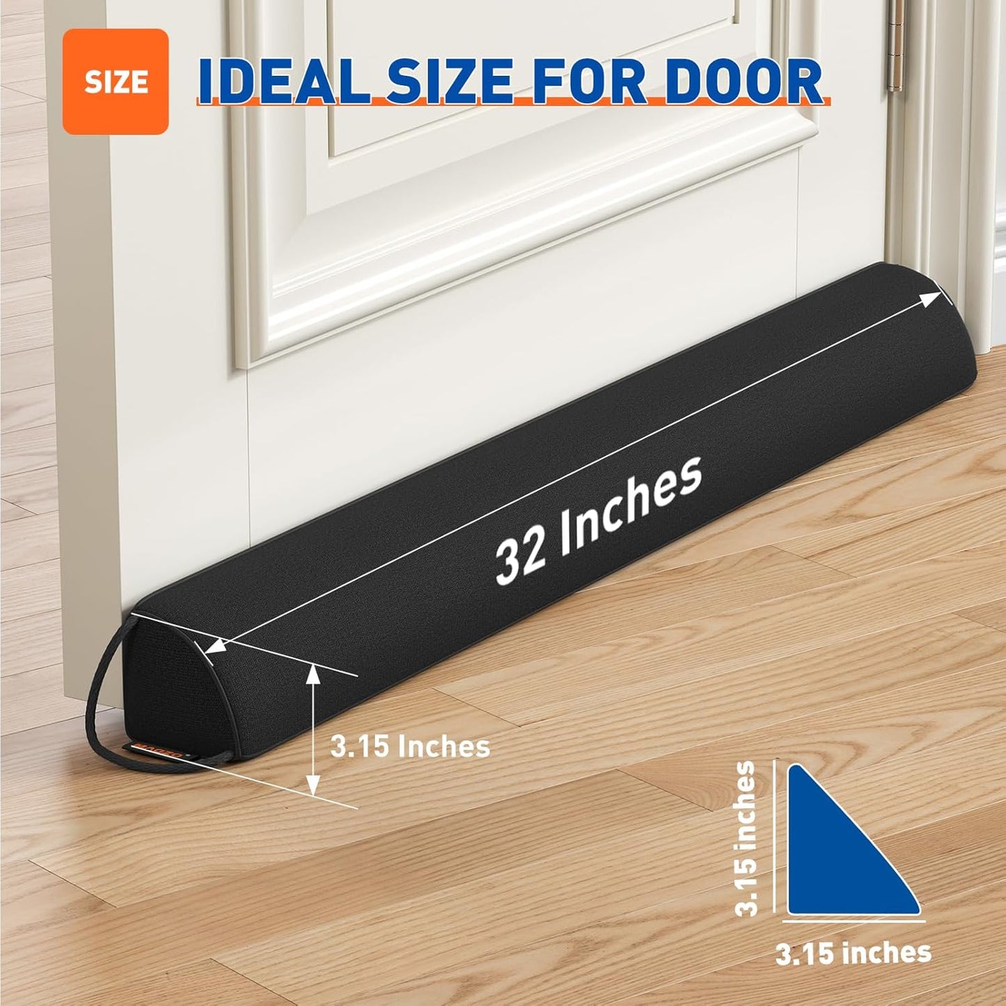 MAGZO Door Draft Stopper 32 Inches, Weighted Triangular Door Snake for Winter Noise Blocker with Hook Loops,Black